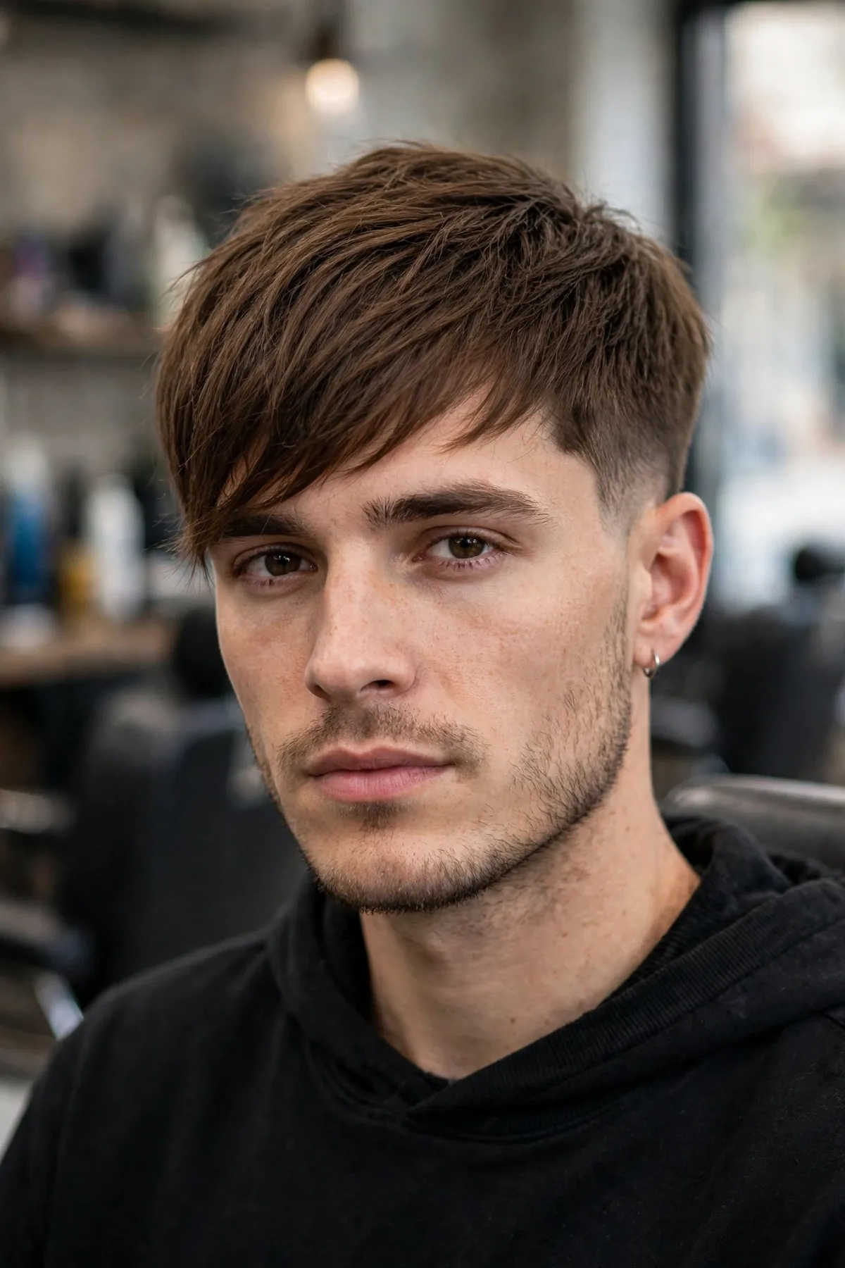 Asymmetrical fringe Caesar haircut for men — fringe cut at a diagonal angle with tapered sides