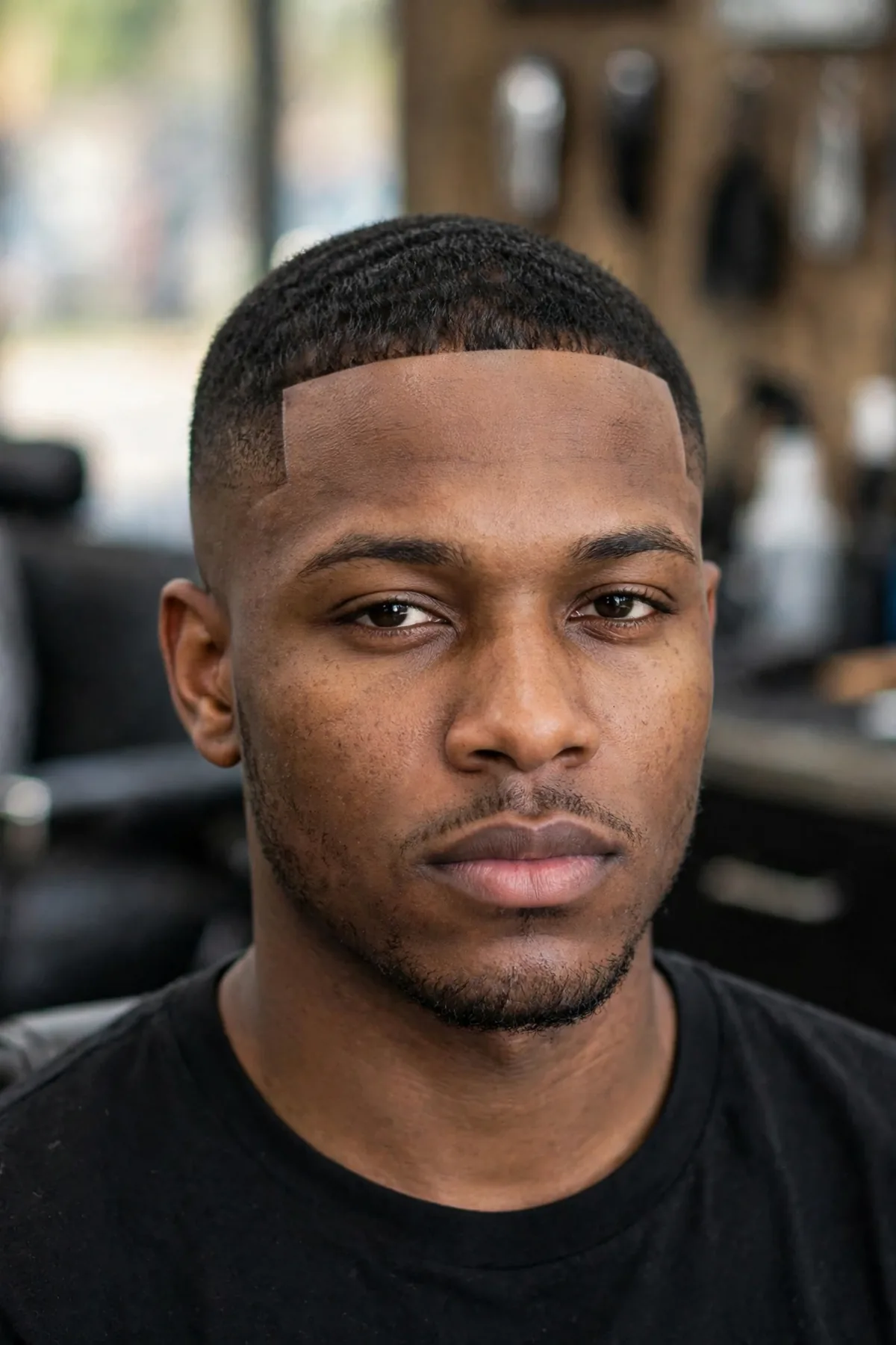 Caesar haircut with a sharp lineup for men — razor-straight hairline edges and skin fade