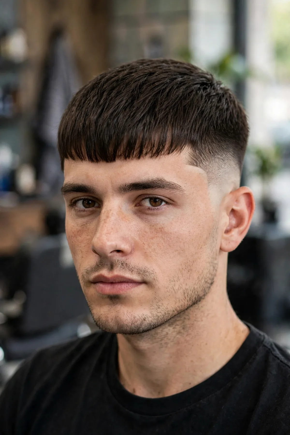 Caesar haircut with temple fade for men — forward fringe with a sharp fade at the temples