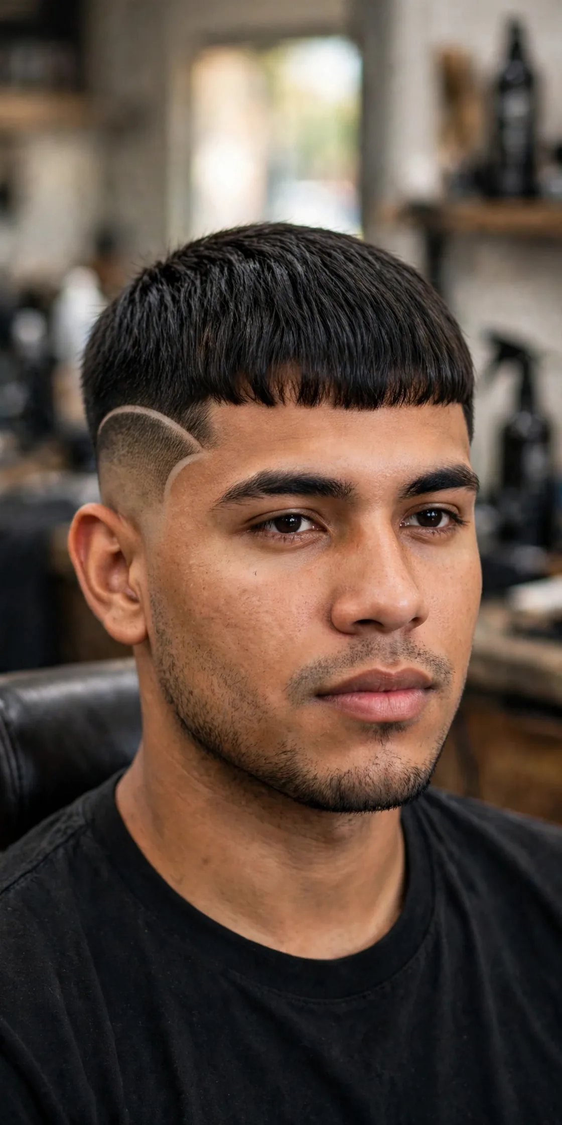 Caesar haircut with a shaved surgical line design for men — curved shaved line in the fade