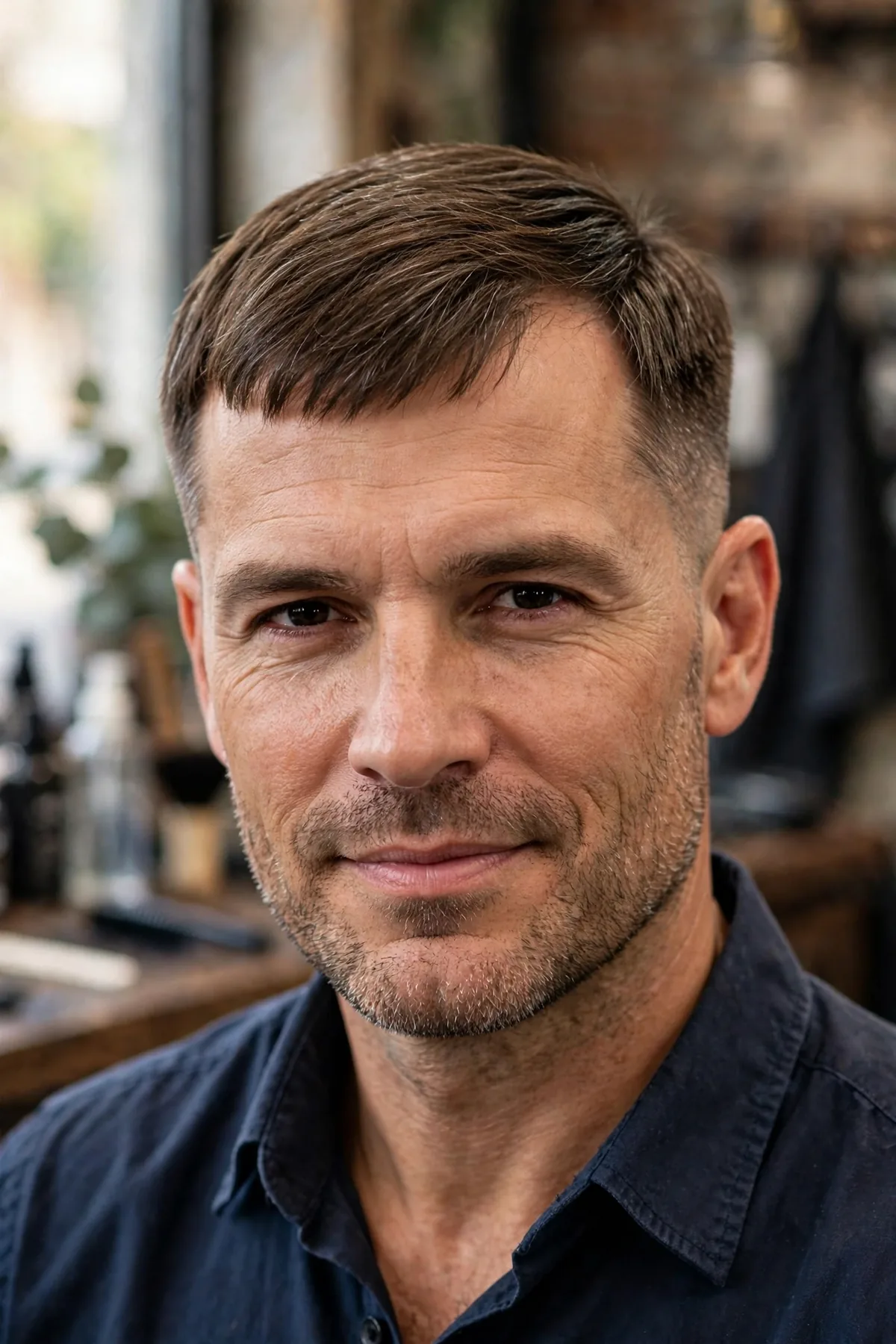Caesar haircut for balding men — short forward fringe softening a receding hairline