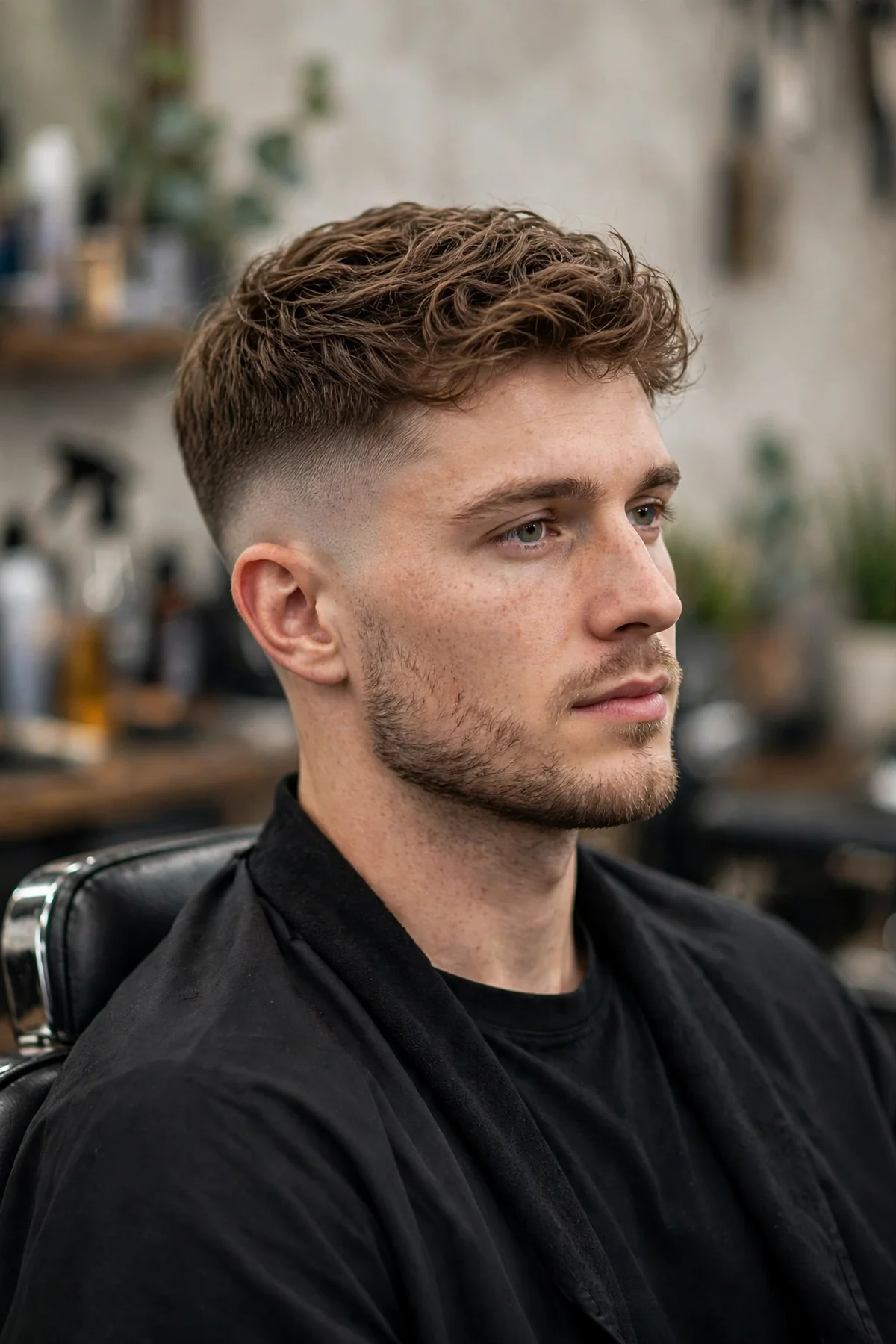 Mid drop fade haircut with a medium-length textured top, the fade line sitting midway on the sides and arcing down behind the ears.