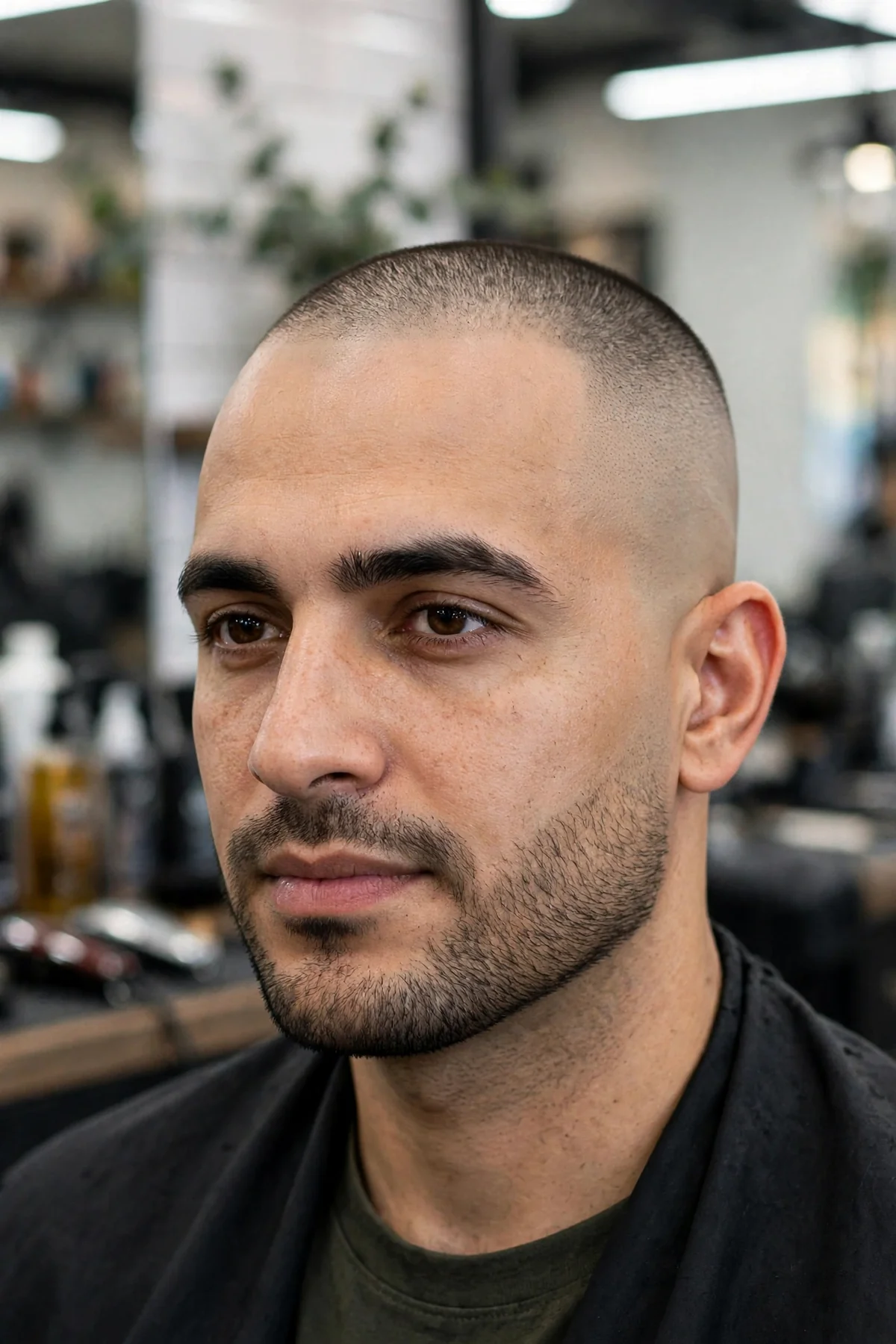 Bald drop fade haircut fading completely to bare skin along a curved line that drops behind the ears, with a short cropped top.