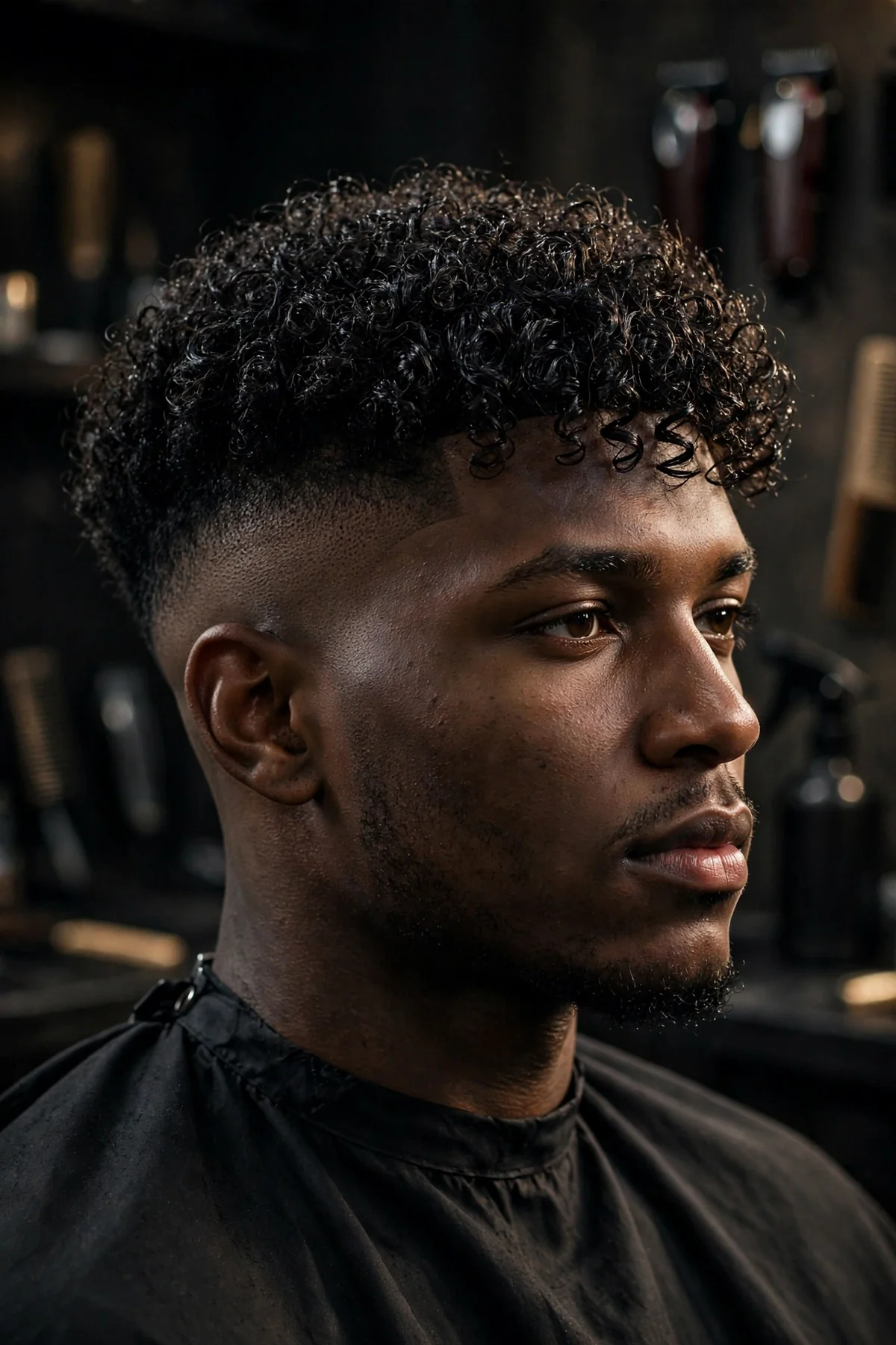 Curly top drop fade haircut on a Black man, tight curls on top with the fade curving down behind the ears in a sharp arc.