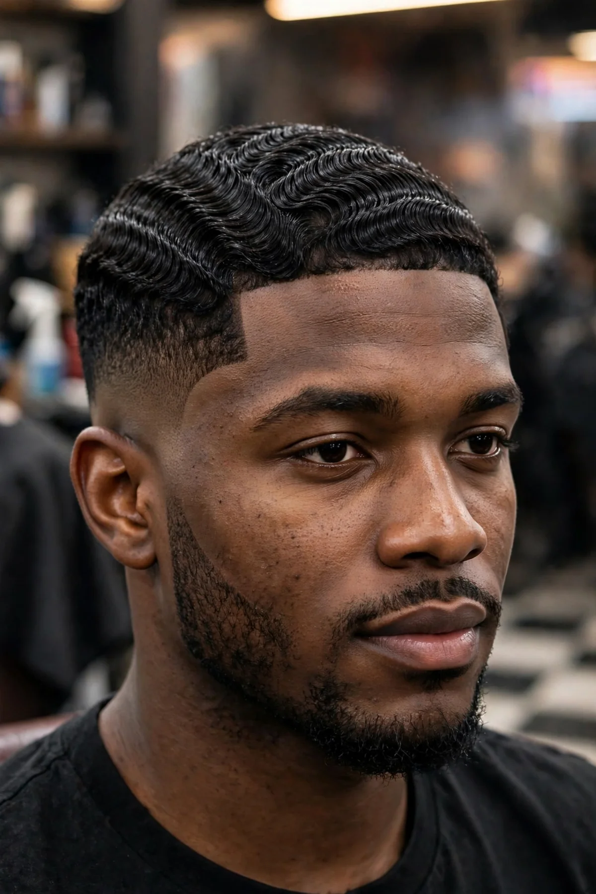 Drop fade haircut with 360 waves on top, the wave pattern flowing into a clean faded curve behind the ears.