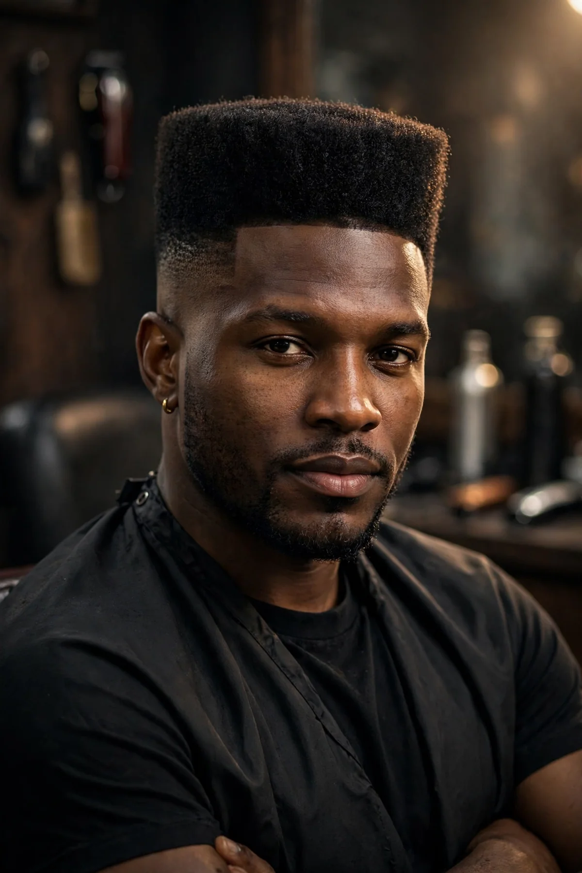 High top drop fade haircut with a tall, flat-shaped top and faded sides curving down behind the ears, retro-modern barbershop style.