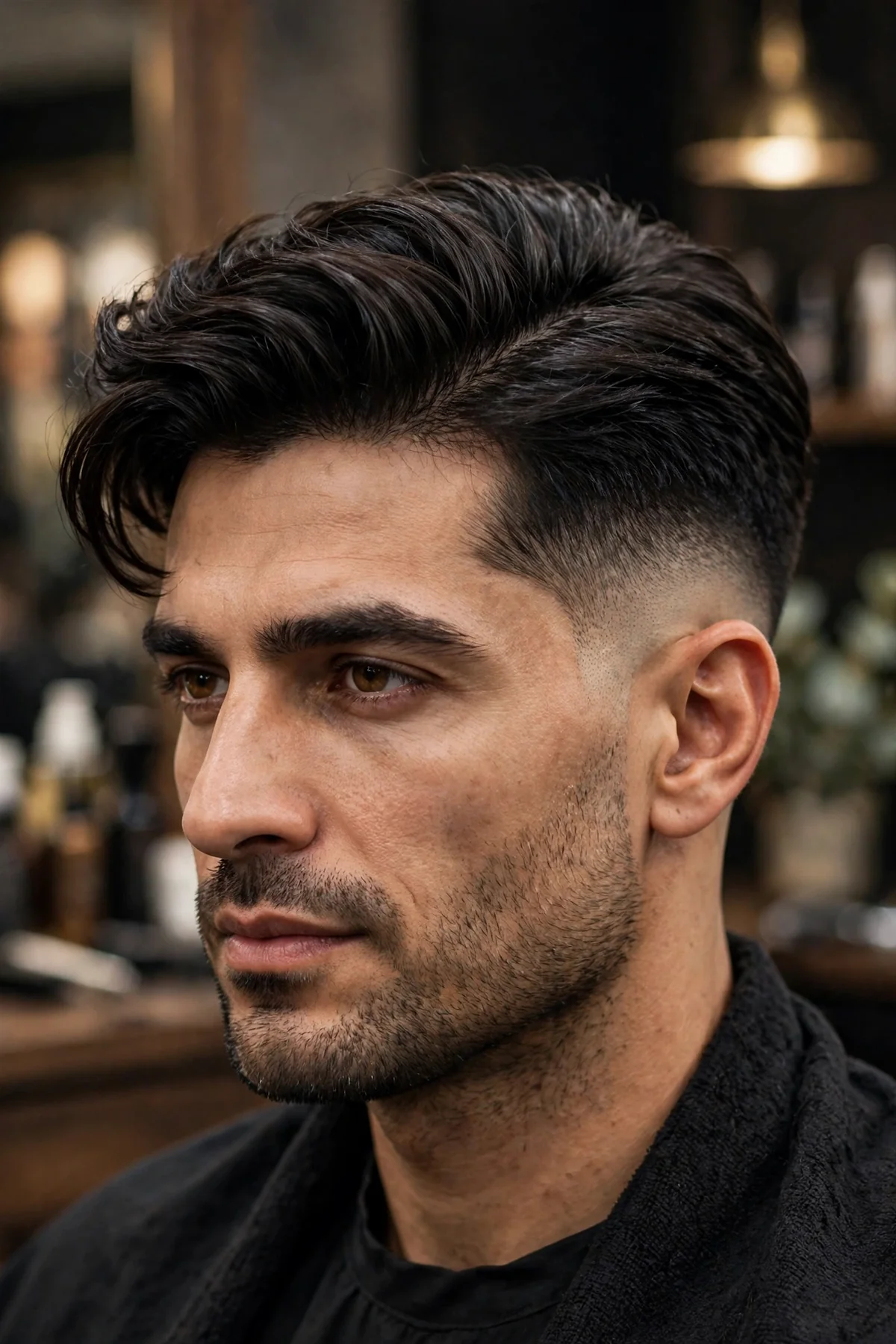 Comb over drop fade haircut with longer hair swept across the top and a smooth faded curve on the sides dropping at the nape.