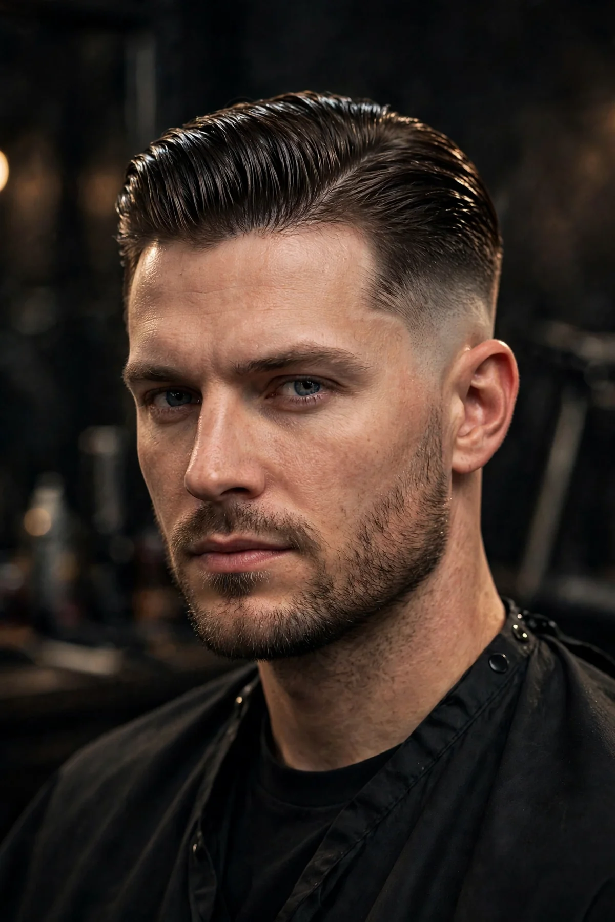 Slick back drop fade haircut with the top swept straight back and glossy, faded sides curving down behind the ears.