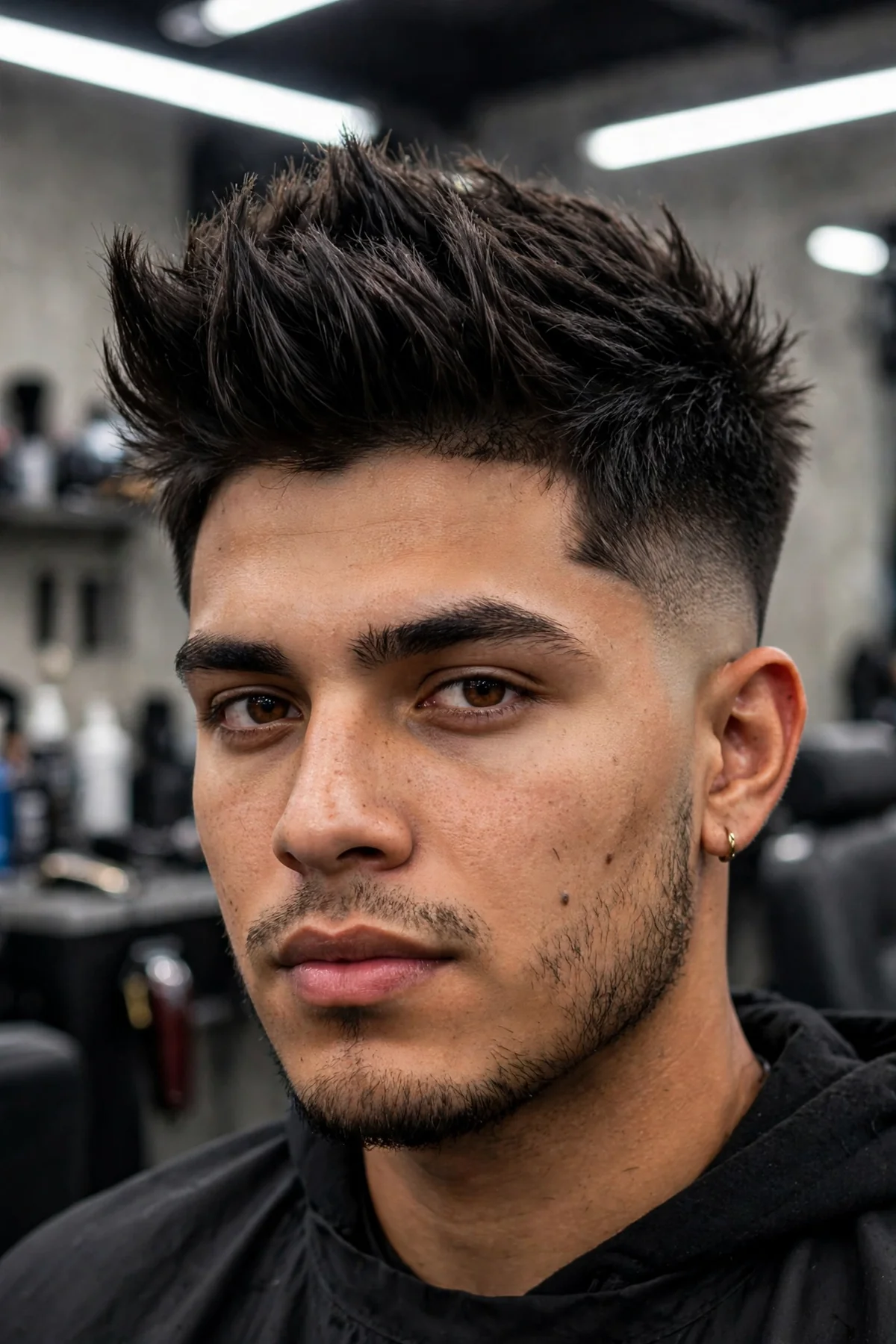 Faux hawk drop fade haircut with the center strip of hair pushed upward and faded sides curving down at the back.