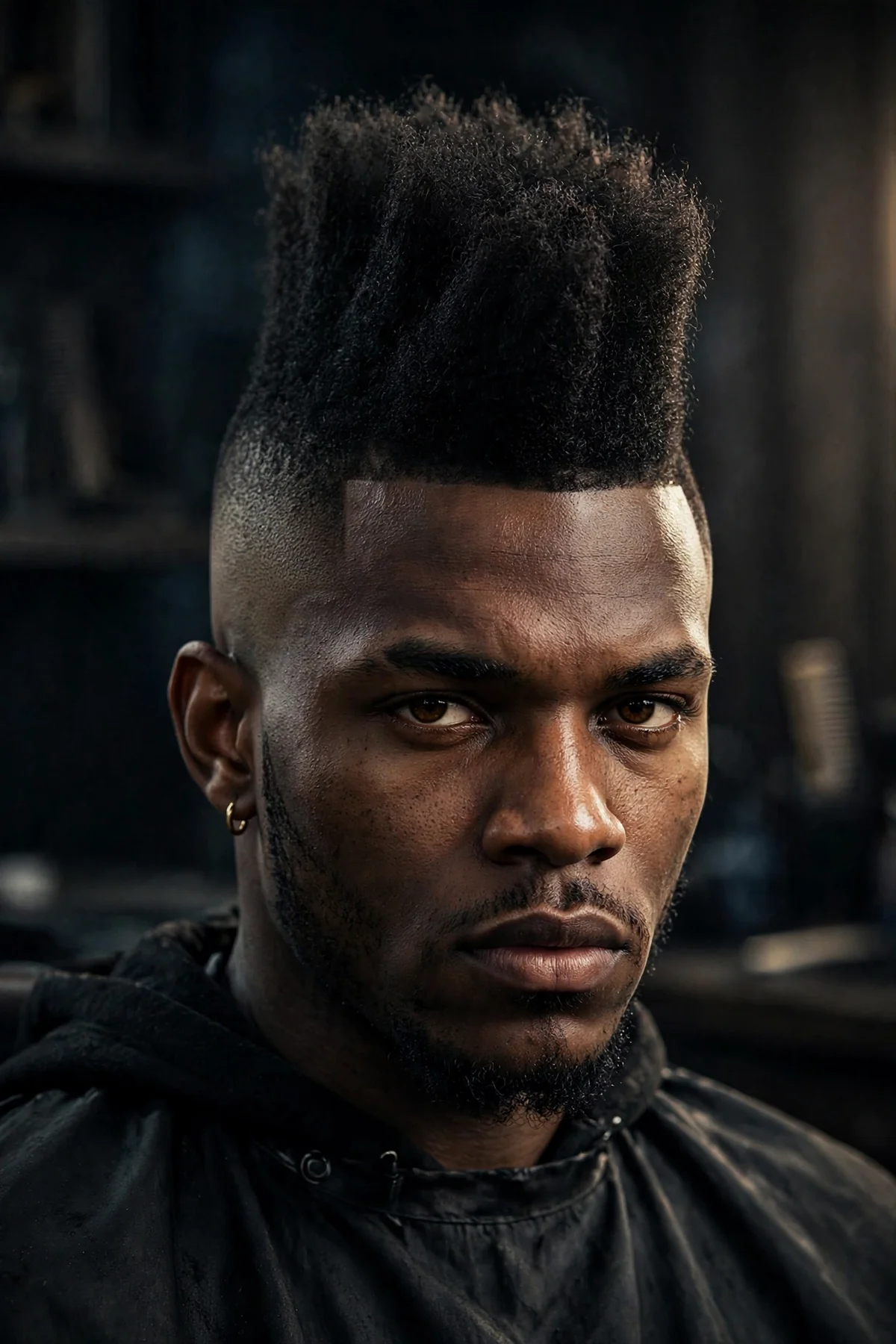 Drop fade mohawk haircut with a bold raised center strip and faded sides following the dropped curve behind the ears.