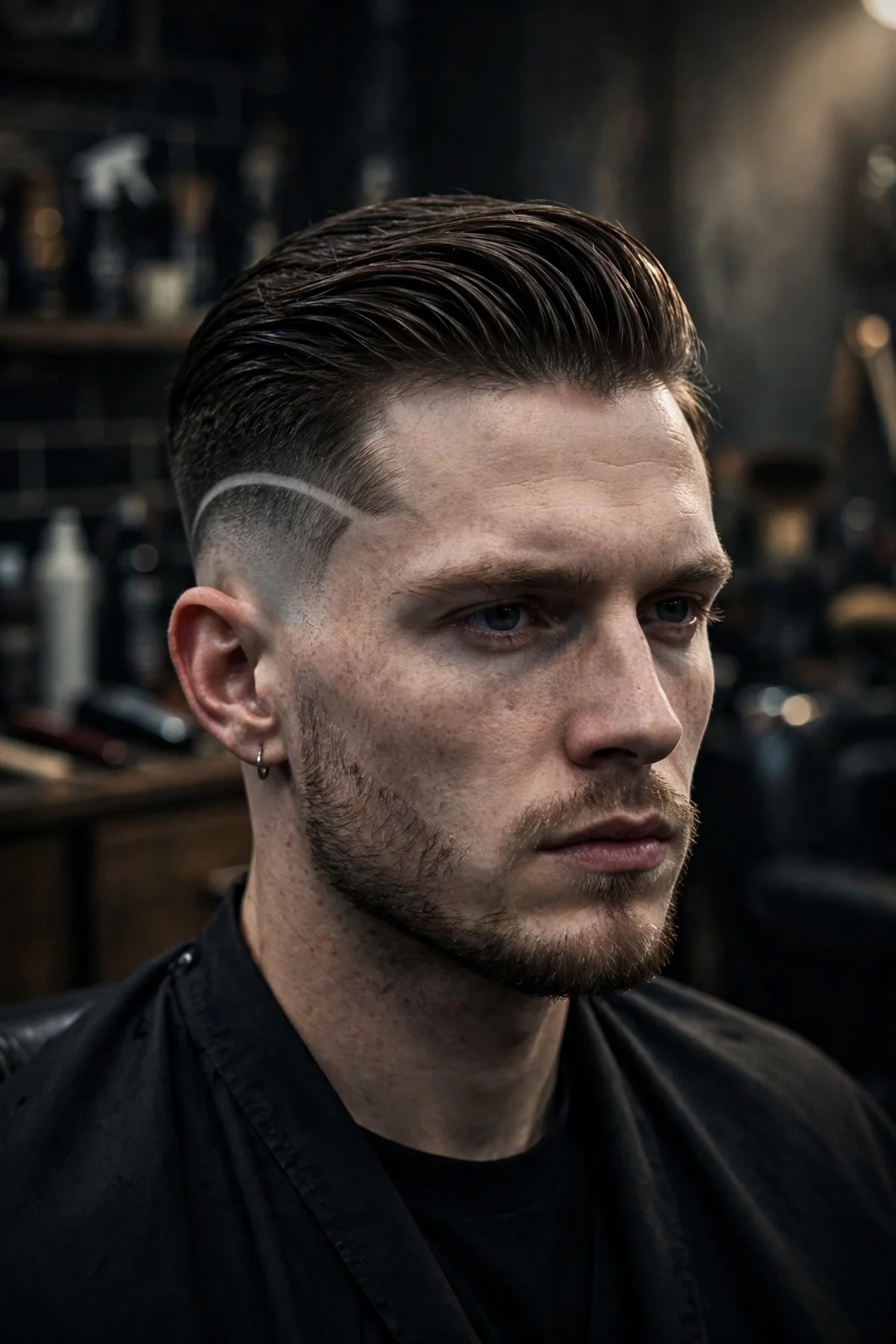 Undercut drop fade haircut with long disconnected hair on top and faded sides dropping in a dramatic curve at the back.