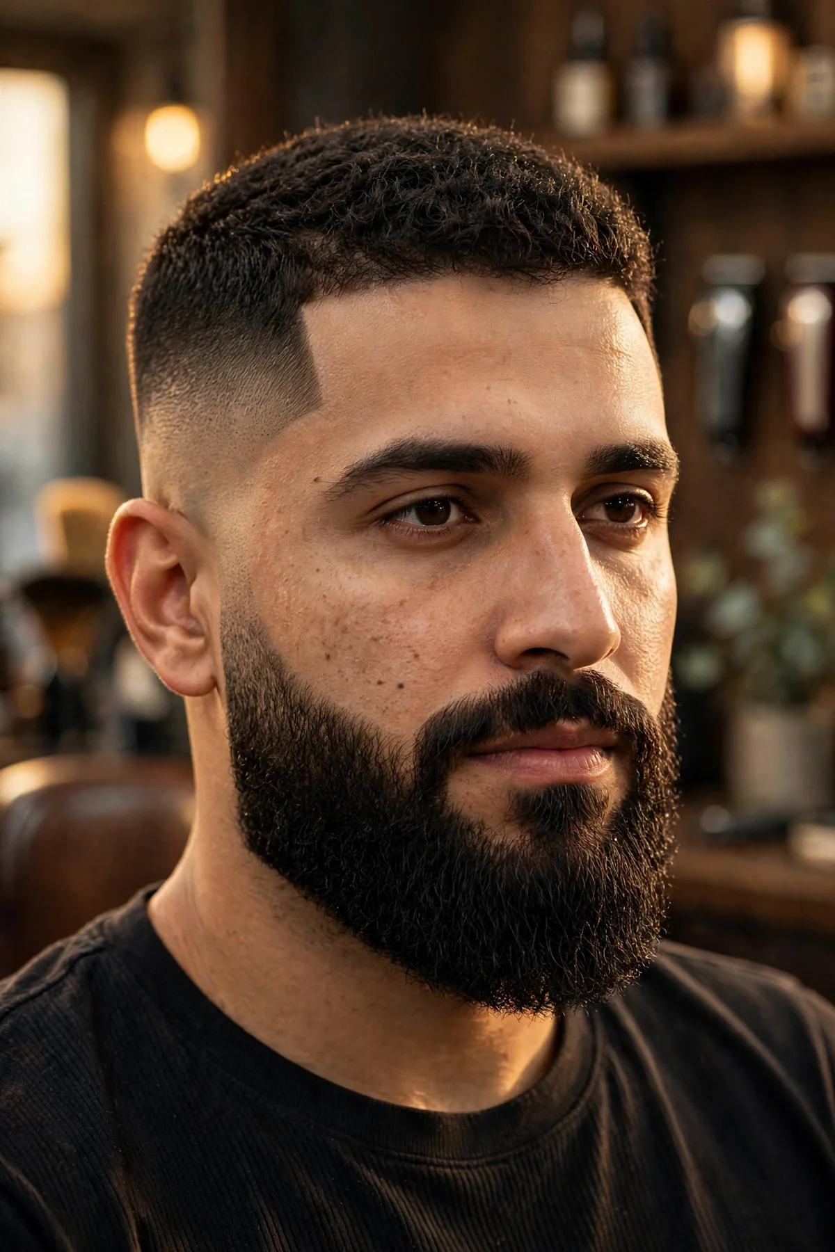 Drop fade haircut with a full beard seamlessly blended into the faded sides, the fade curve dropping behind the ears.