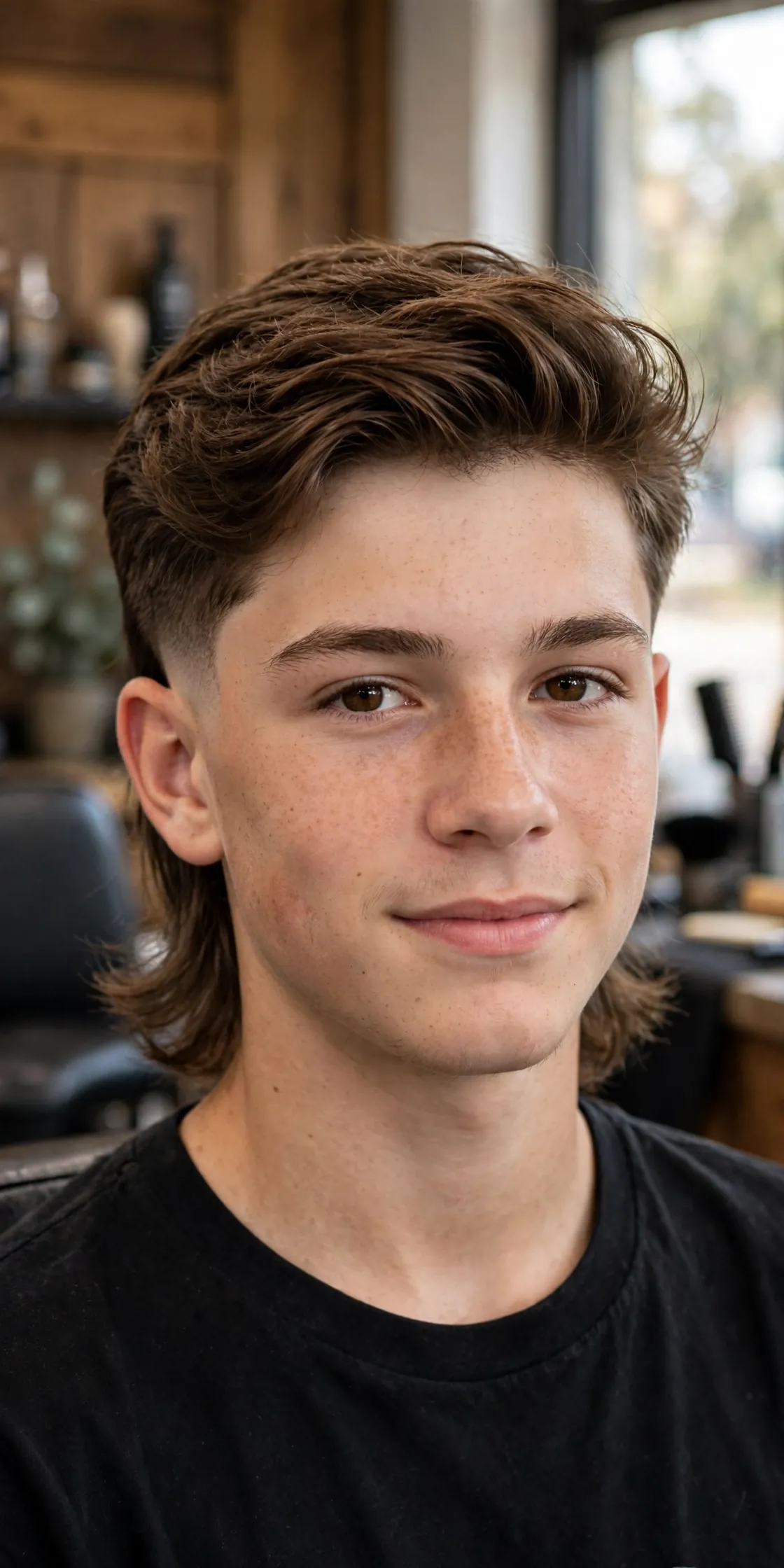 Young boy with a modern boys mullet haircut — short textured top in front and longer layered hair in the back, barbershop photo