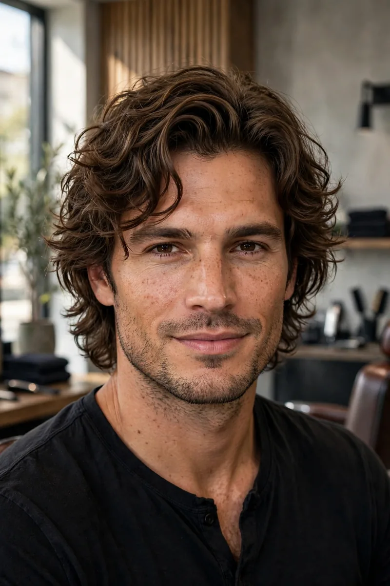 Man with a layered medium wavy haircut in a barbershop — one of the 30 best wavy hair haircuts for men