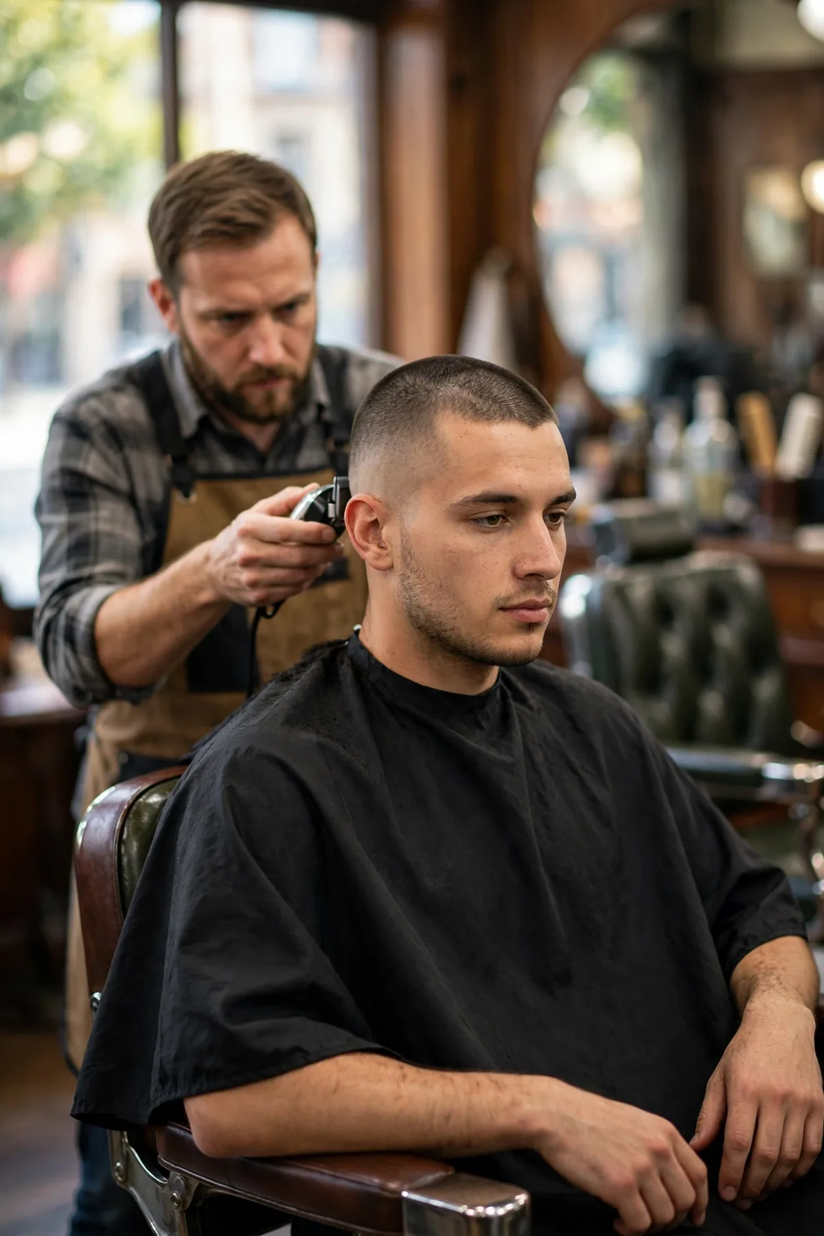 Barber clipping a very short buzz haircut in a classic barbershop — one of the best very short haircuts for men