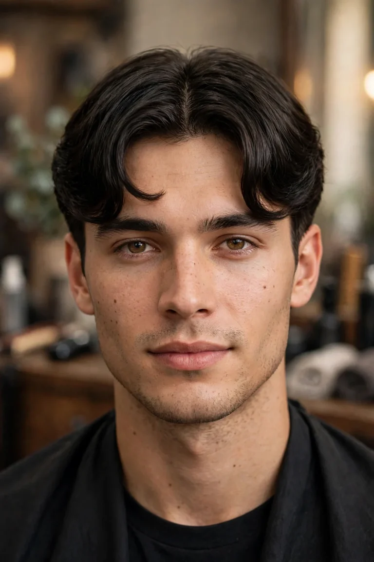 Classic middle-part curtain bangs haircut for men with a soft C-shaped fringe framing the face