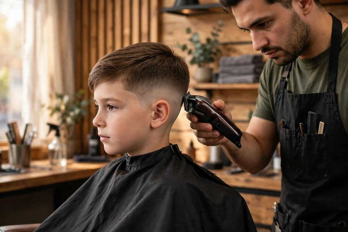 Barber giving a young boy a clean low fade haircut in a barbershop, clippers blending the sides, one of the 30 best fade haircuts for boys