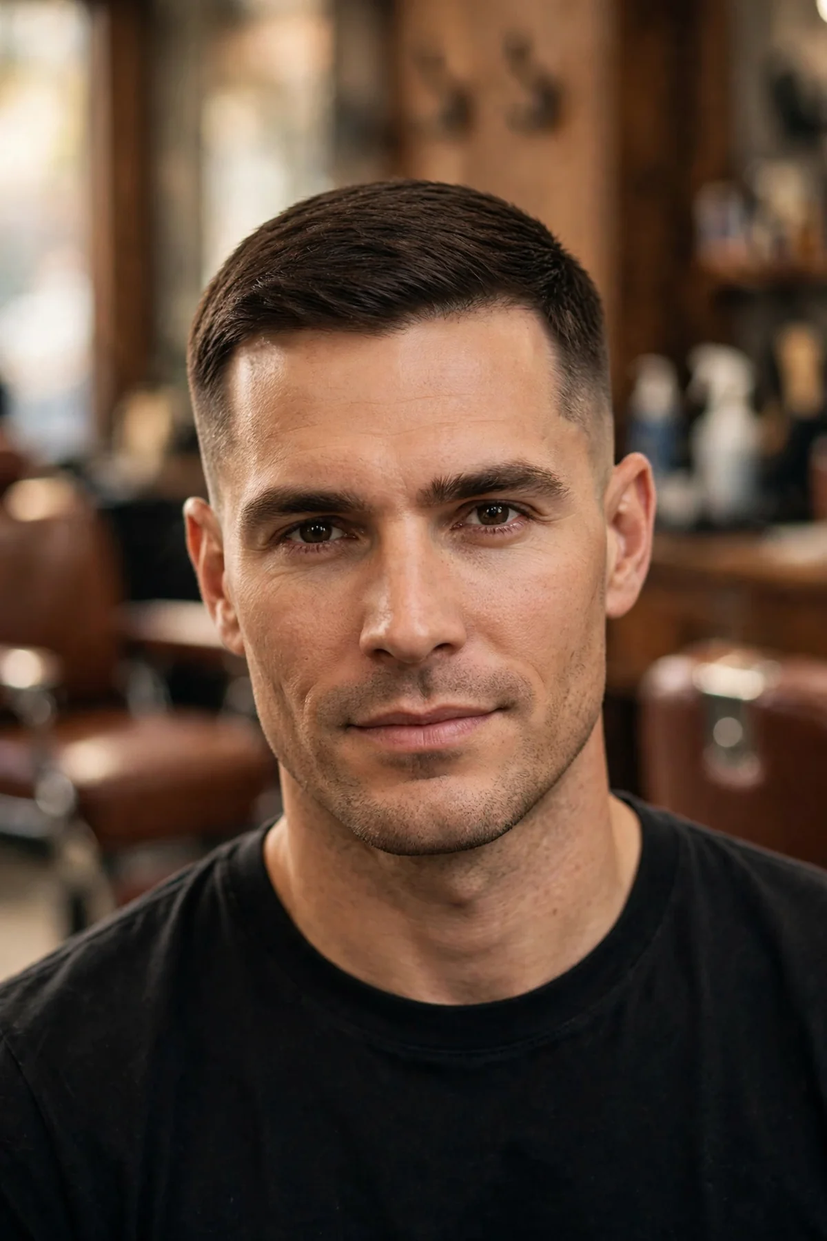 Man with a classic clean crew cut in a barbershop — the best short simple haircut for men, with tapered sides and a neat longer top