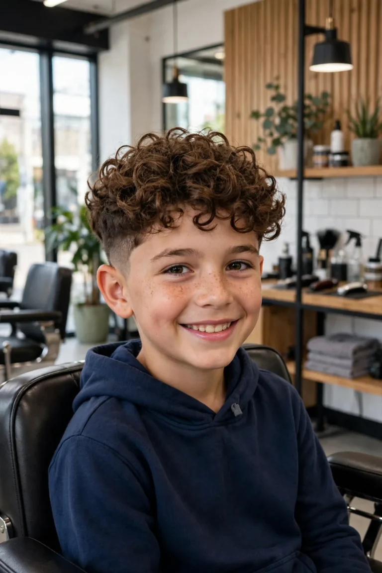 Smiling boy in a barber chair with defined medium curly hair and tapered sides, one of the best boys curly haircuts