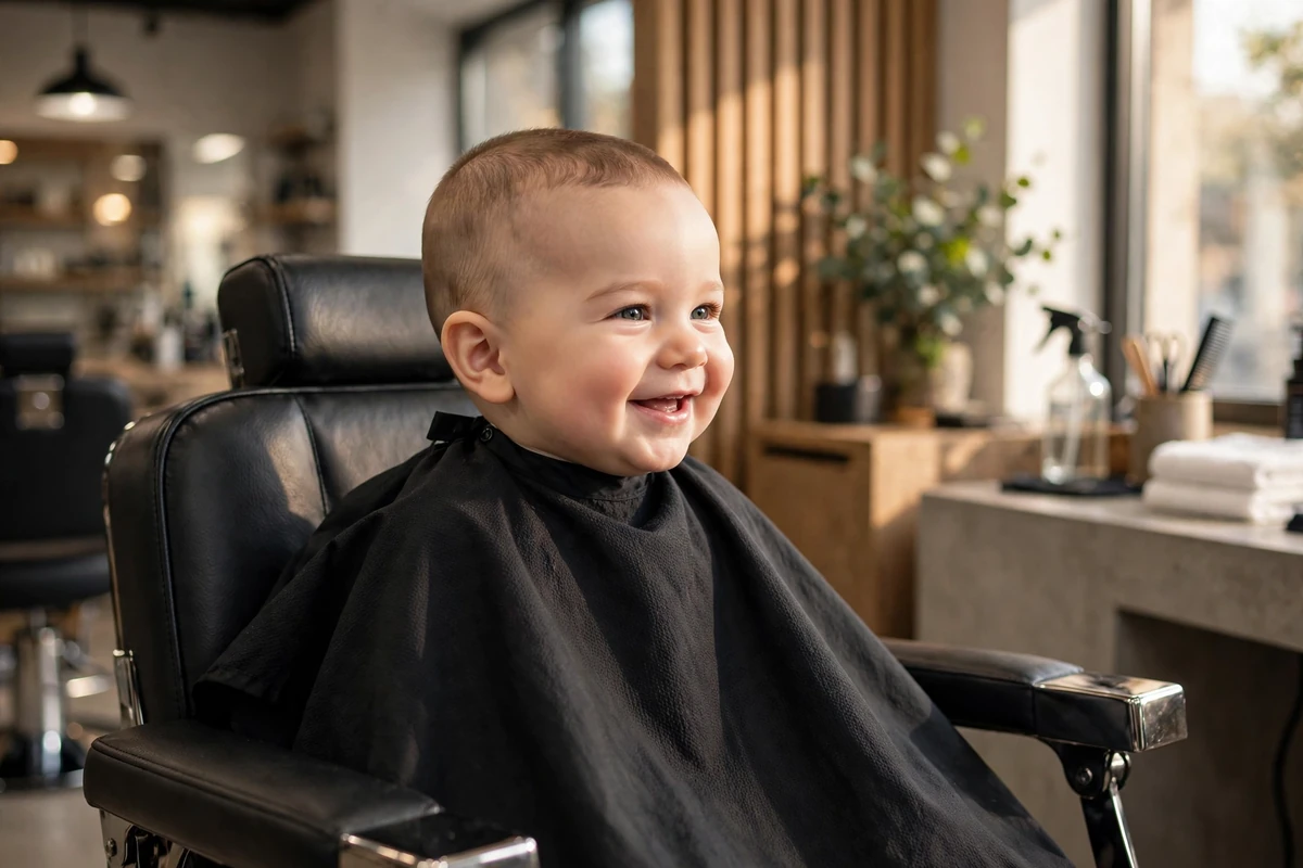 Happy baby boy with a neat classic baby boy haircut in a bright modern barbershop, short tidy haircut styles for baby boys