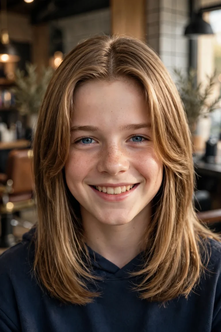 Stylish 12-year-old boy with an iconic 90s curtain haircut, middle part with hair falling on both sides of the face — 90s boy haircuts inspiration