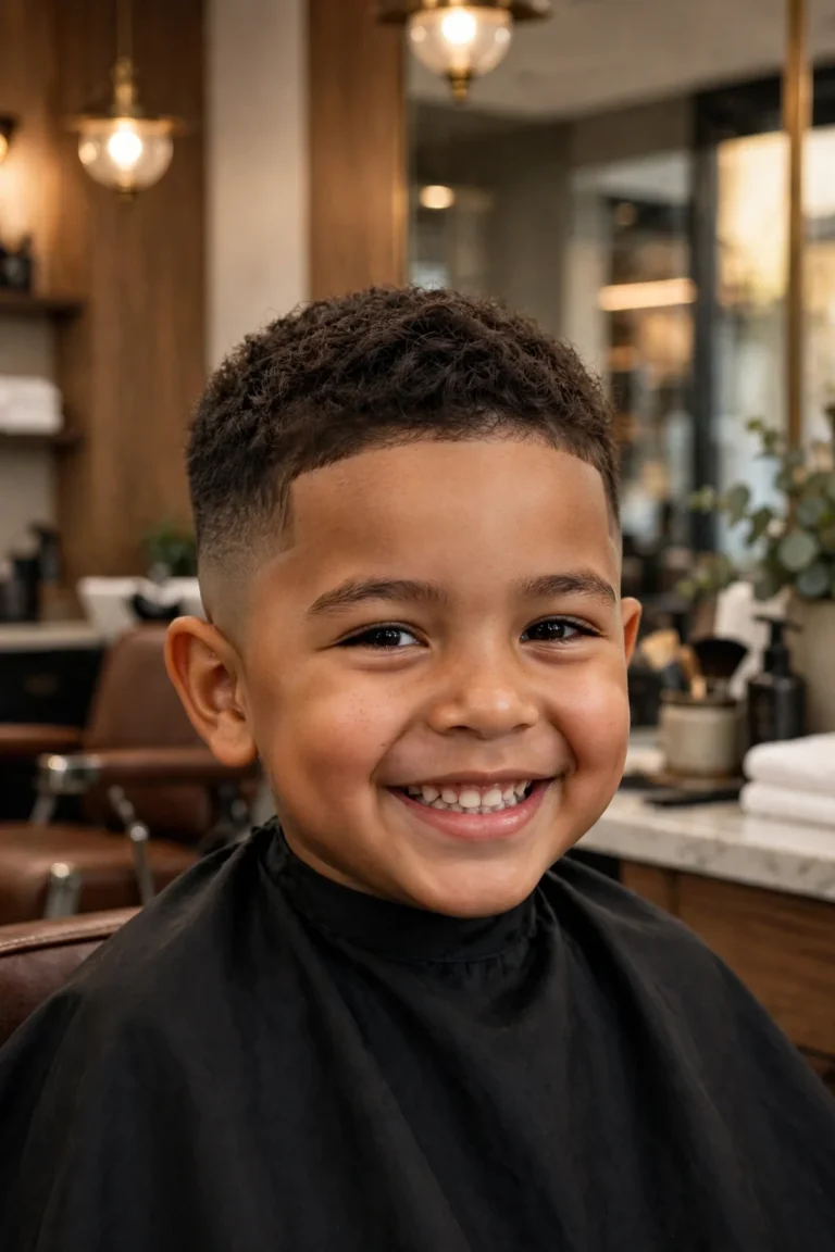 Little boy with low maintenance short fade haircut, neat low fade on sides with short textured top, sitting in a barbershop chair