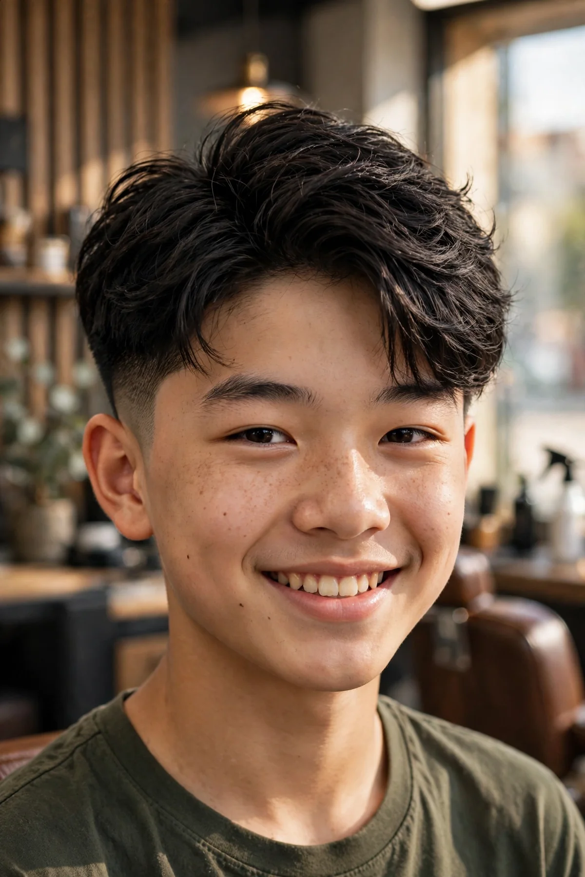 Smiling Asian teen boy with a modern two-block asian boy haircut, textured longer top and tapered sides, in a premium barbershop