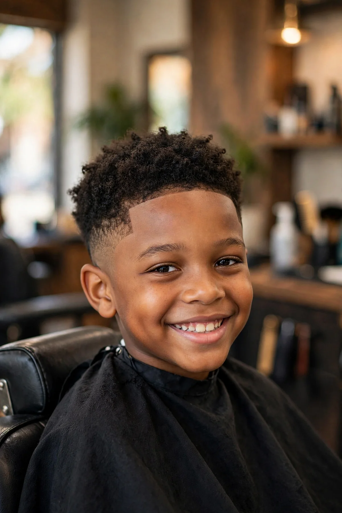 Smiling Black boy around 8 years old in a barbershop with a fresh low taper haircut and defined short curls on top, a classic taper haircut for black boys