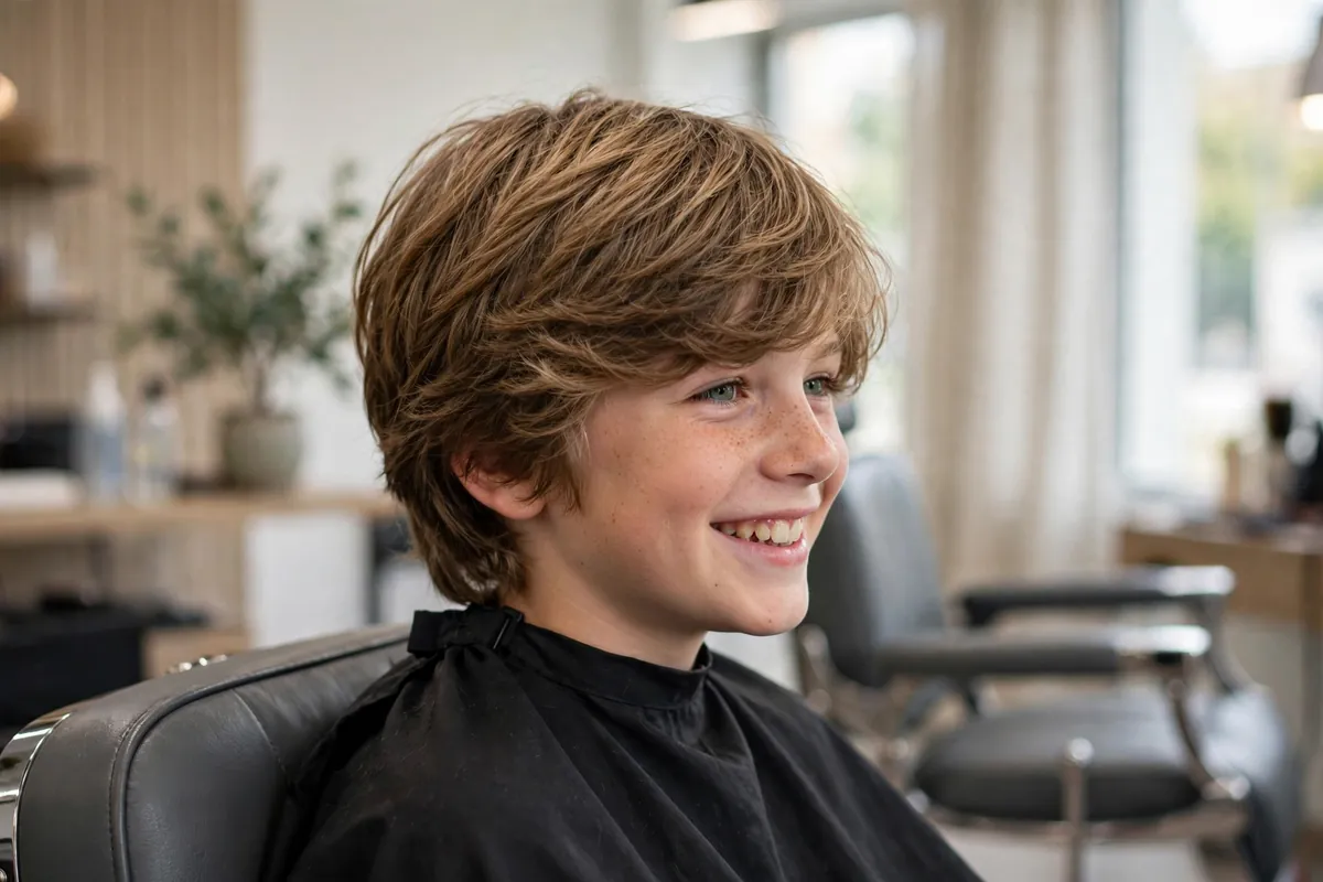Featured: a smiling boy with a classic medium-length shaggy haircut, layered waves brushing the forehead, photographed in a bright modern barbershop