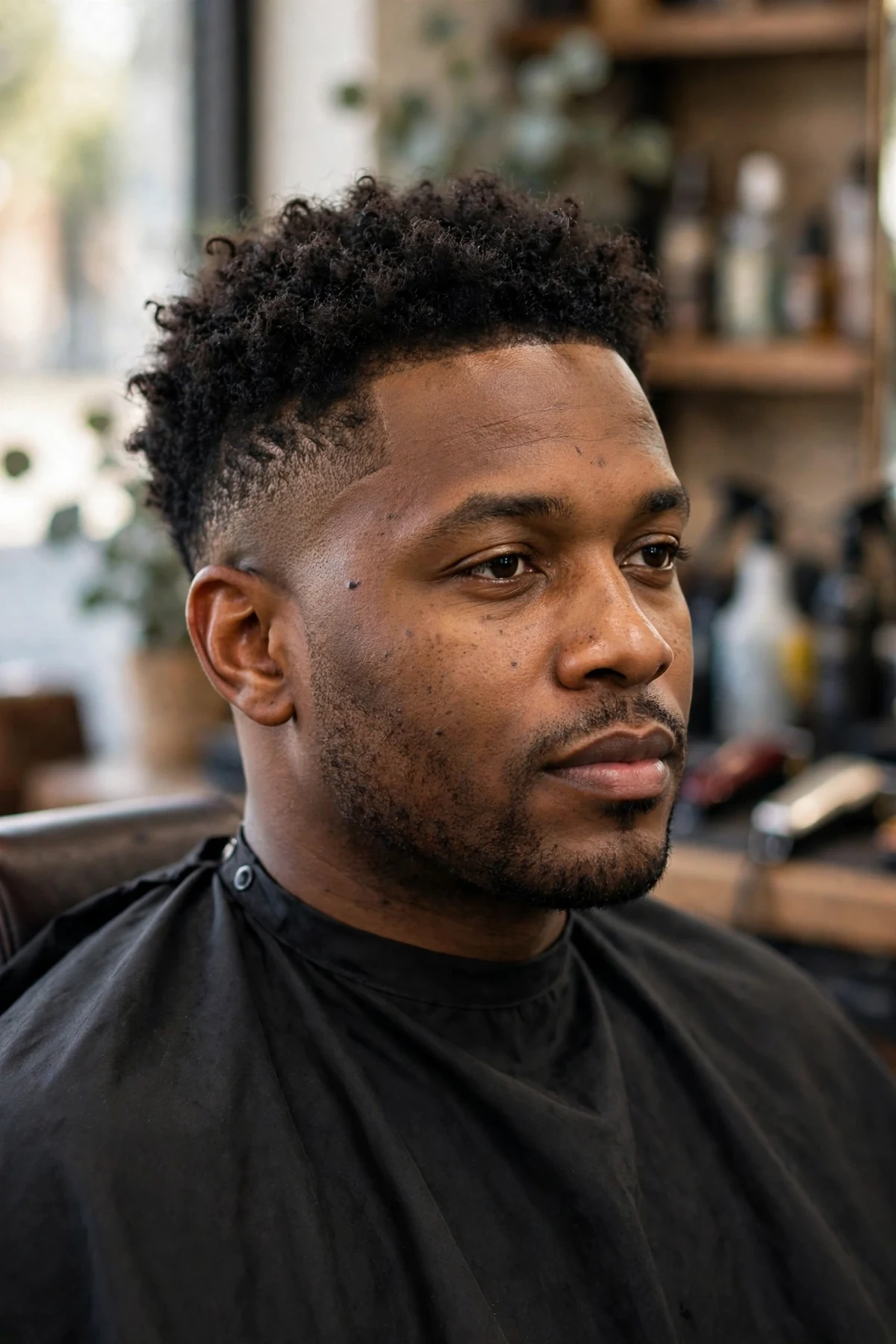 Man with one of the best fade haircuts for men, a sharp mid fade with a textured top, sitting in a barbershop chair