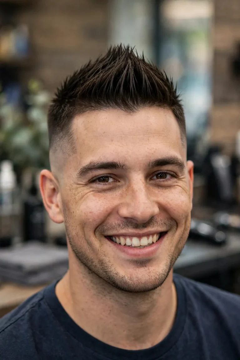 Man with a classic fohawk haircut — raised center strip of textured hair with faded sides, side profile view in a barbershop