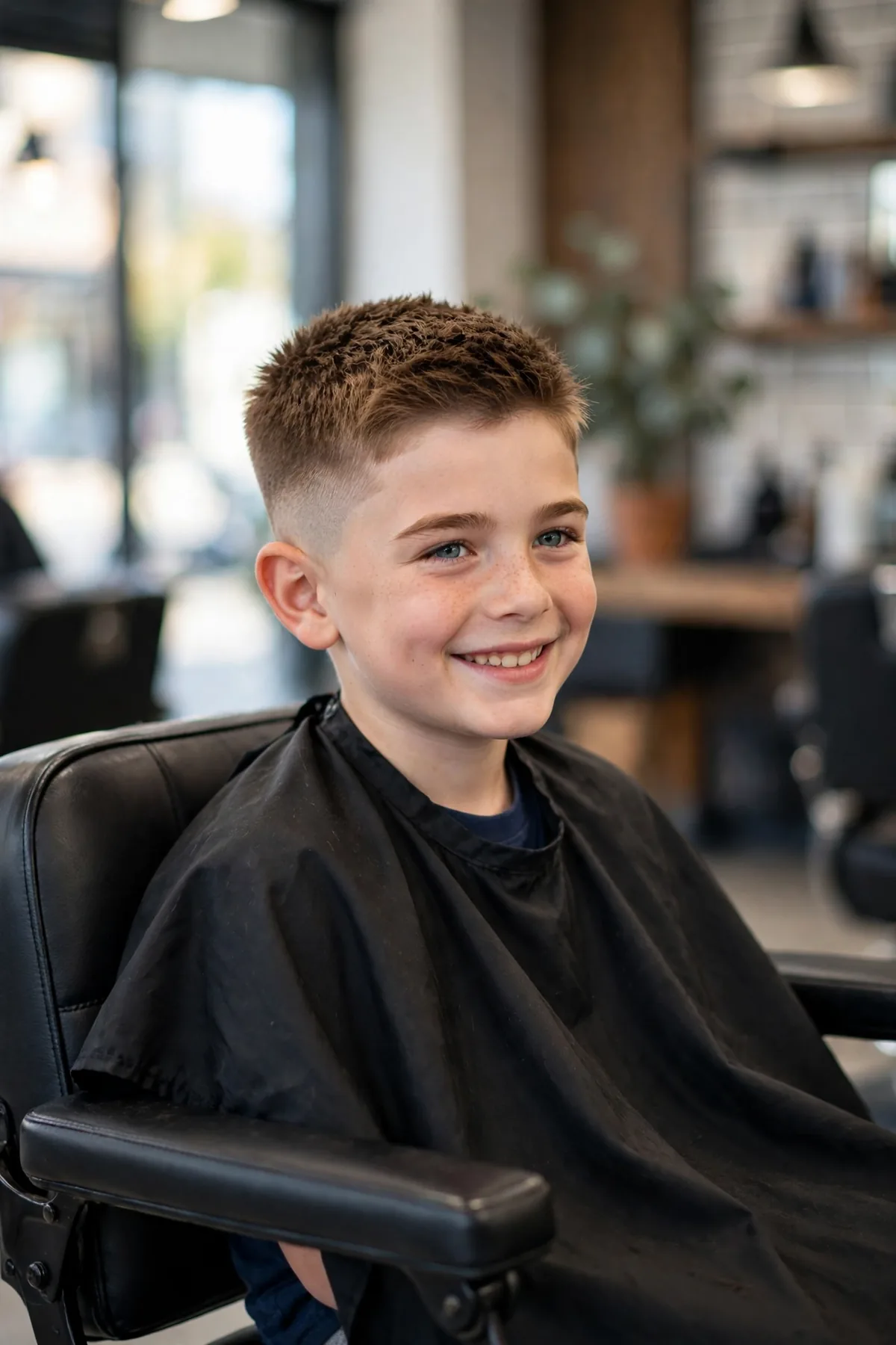 School-age boy with a fresh short fade haircut for boys — short neat textured top and clean blended fade sides — sitting in a modern barbershop chair