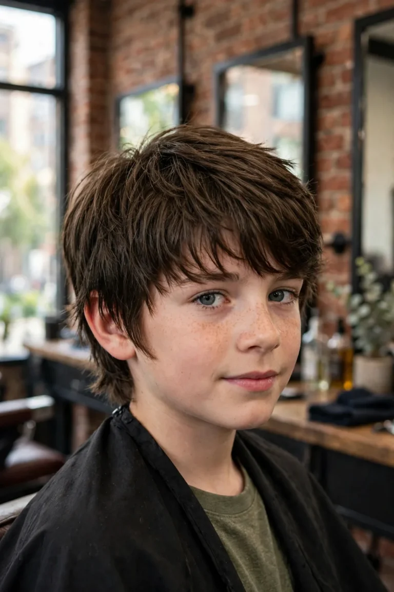 Photorealistic barbershop photo of a boy with a modern longer boy haircut, textured medium-length layers falling naturally over his forehead and ears, premium barbershop background. The longer layers frame his face and show the cool, easy style of modern longer boy haircuts.