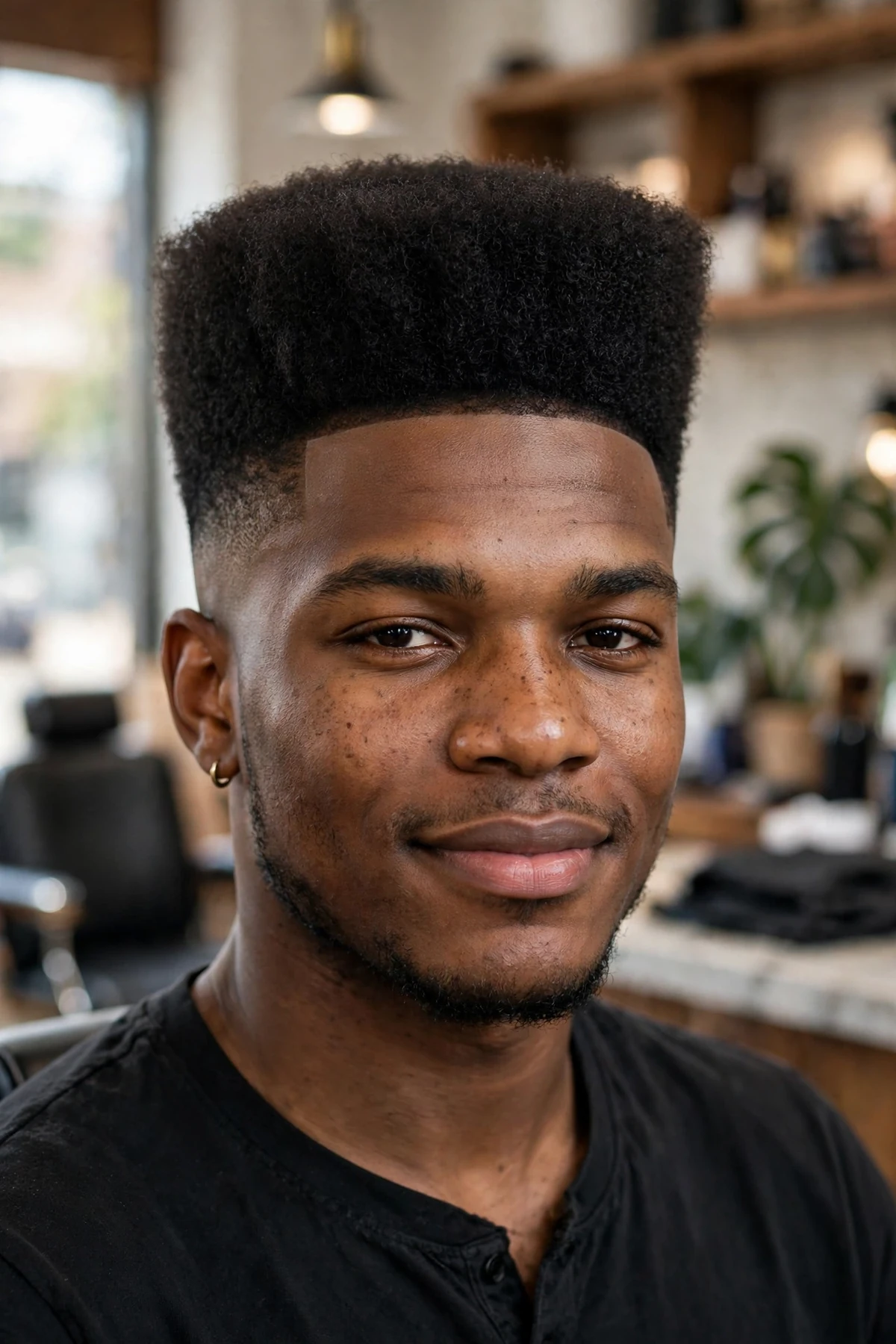 Man with a classic high top haircut, tall square-shaped hair on top with a clean skin fade on the sides, photographed in a premium barbershop