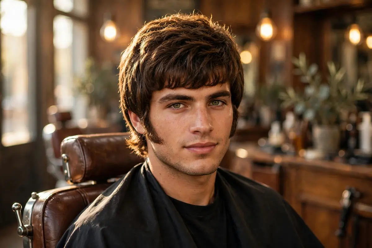 Man with the classic mod haircut for men, a rounded mod hairstyle with textured fringe, sitting in a barbershop