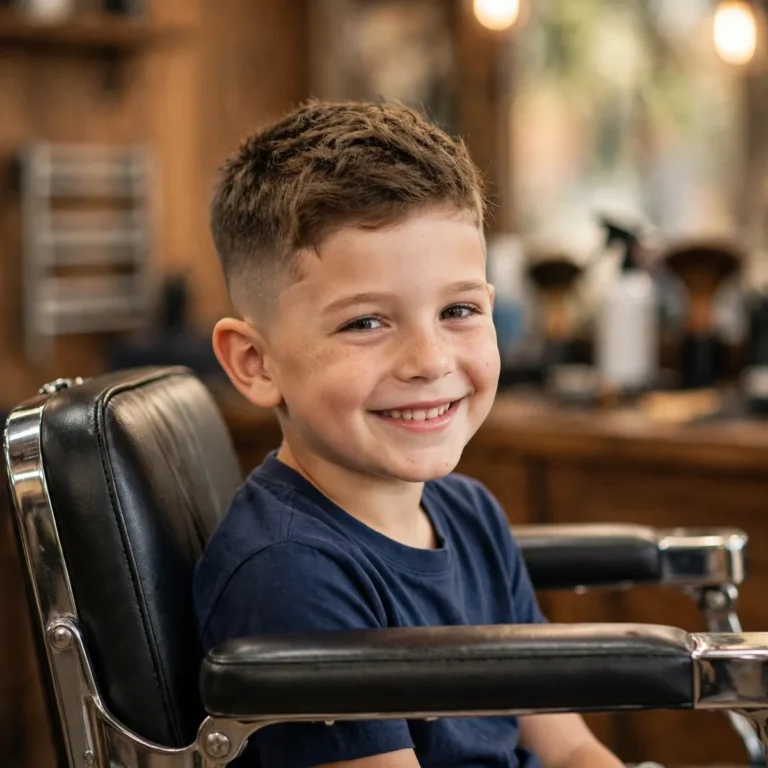 Kid boy with a fresh low fade haircut and textured top sitting in a barbershop chair — one of the best kids fade haircuts