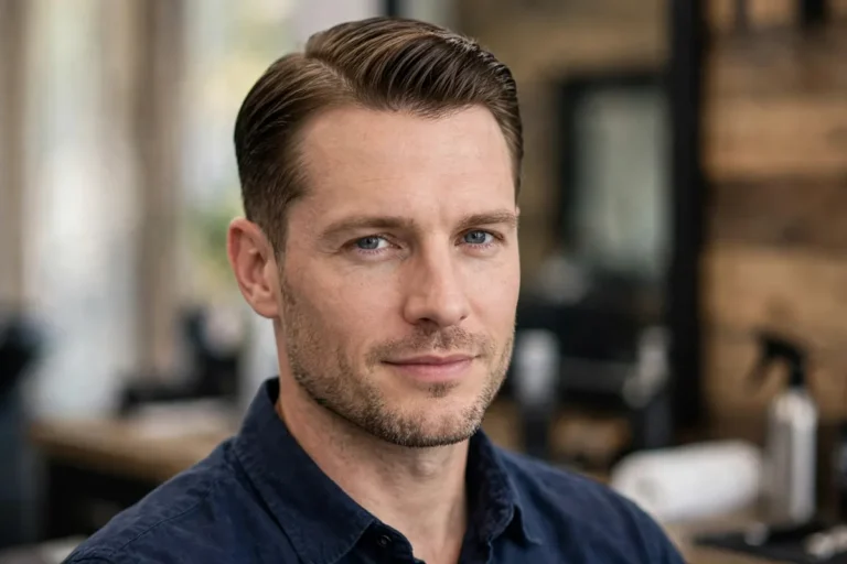Collage-free hero: a well-groomed man with a classic old money haircut — neat side part, tapered sides, polished finish