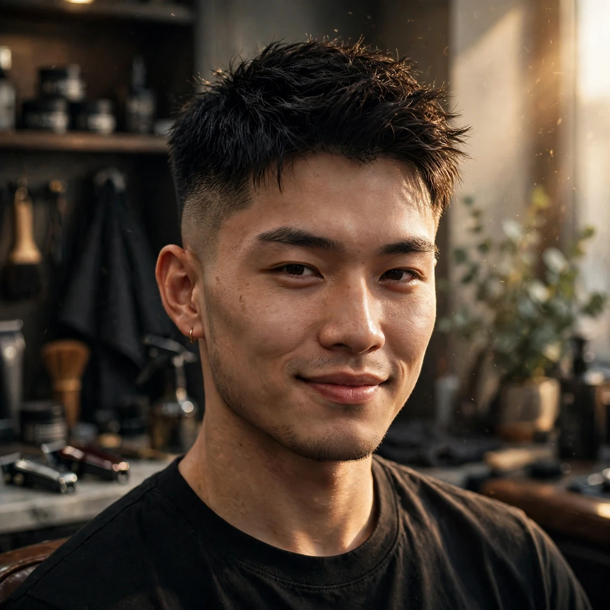 Featured photo of a young Asian man with a low taper asian fade haircut in a barbershop, textured top with clean faded sides and a sharp neckline
