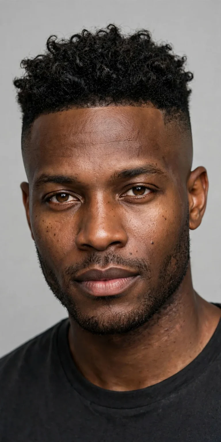 Man with a bald fade haircut — sides blended to bare skin with a crisp contrast into a styled top, professional barbershop photography