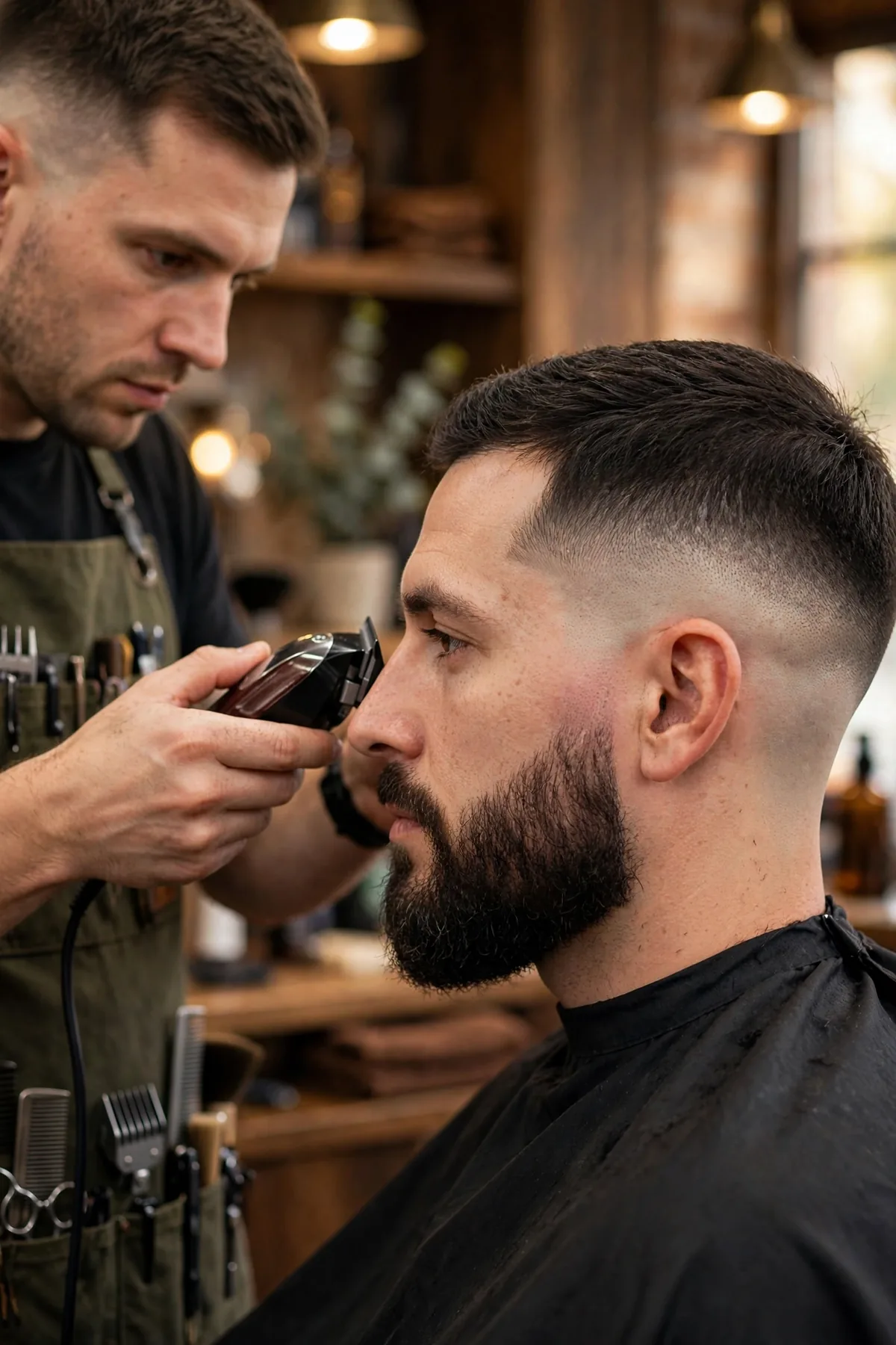 Barber blending a man's beard fade haircut into a clean skin fade at a barbershop