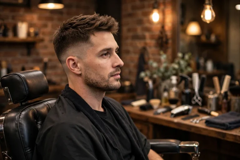 Man with one of the best short haircuts for men — a clean textured crop with a sharp low fade, photographed in a premium barbershop