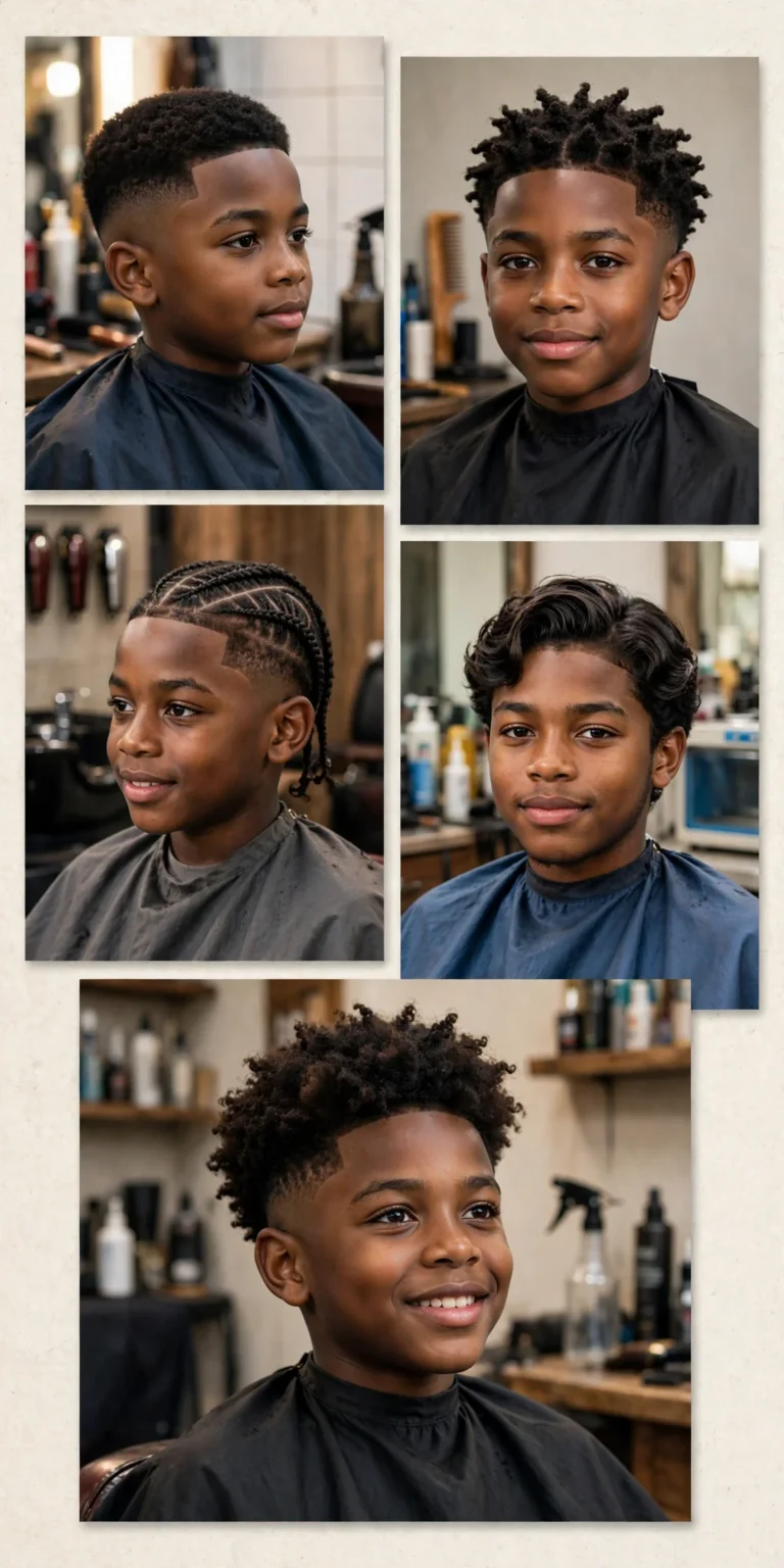 Collage of the 30 best black boy haircuts on young Black boys — low fades, sponge twists, cornrows, 360 waves, curly tops and mini afros.