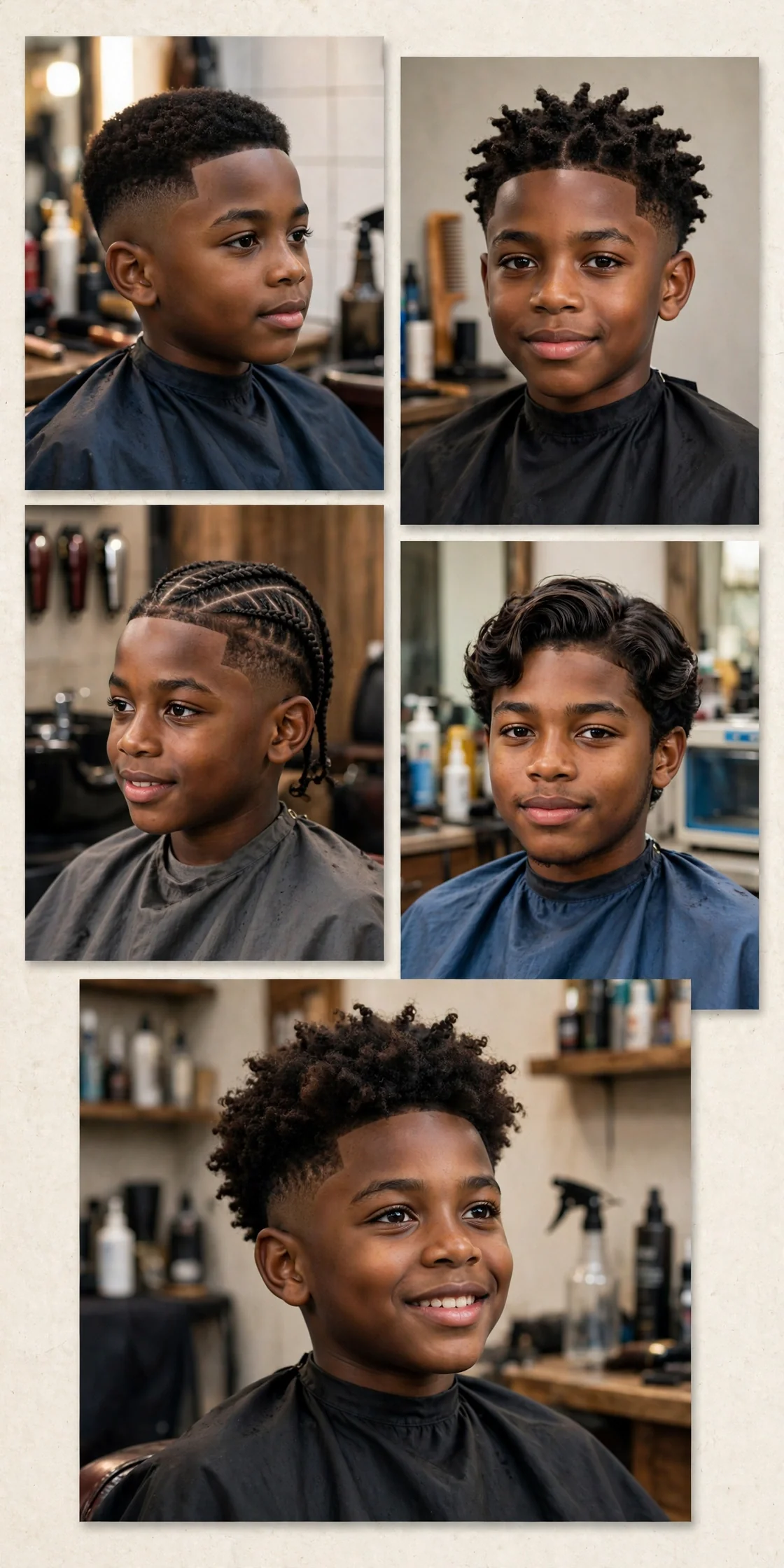 Collage of the 30 best black boy haircuts on young Black boys — low fades, sponge twists, cornrows, 360 waves, curly tops and mini afros.