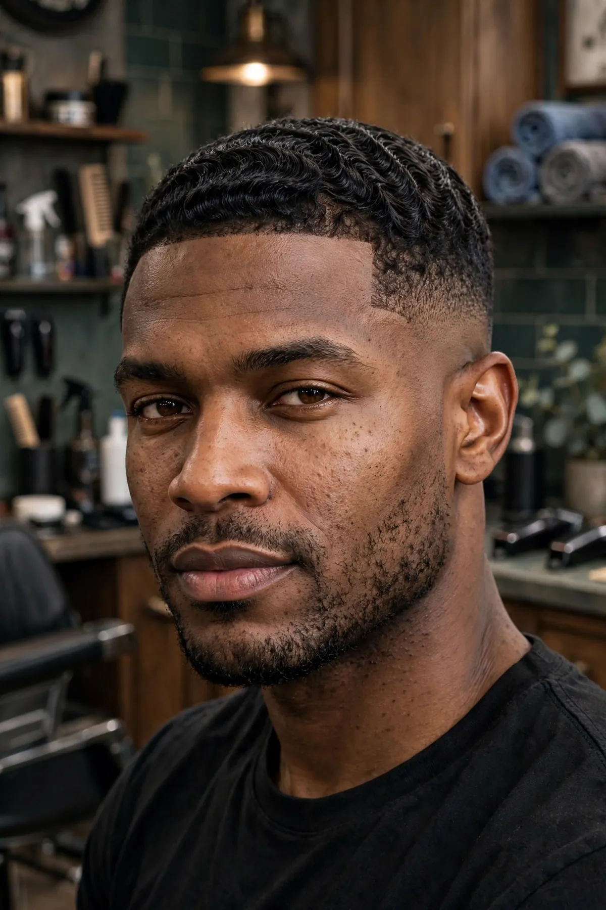 Hero portrait of a Black man with a sharp low fade and clean lineup hairline, one of the best black men haircuts for a modern look