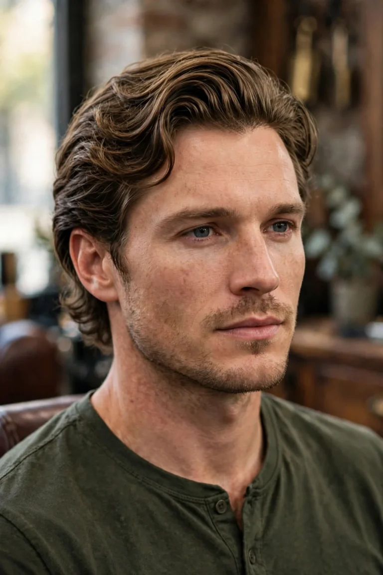 A man with a classic bro flow haircut — medium-length hair pushed back off the face with natural movement and soft layered ends, photographed in a barbershop.