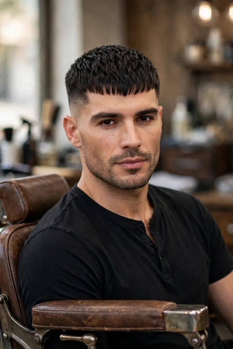 Man with a textured Caesar haircut — the classic short fringe haircut for men with a skin fade, sitting in a barbershop