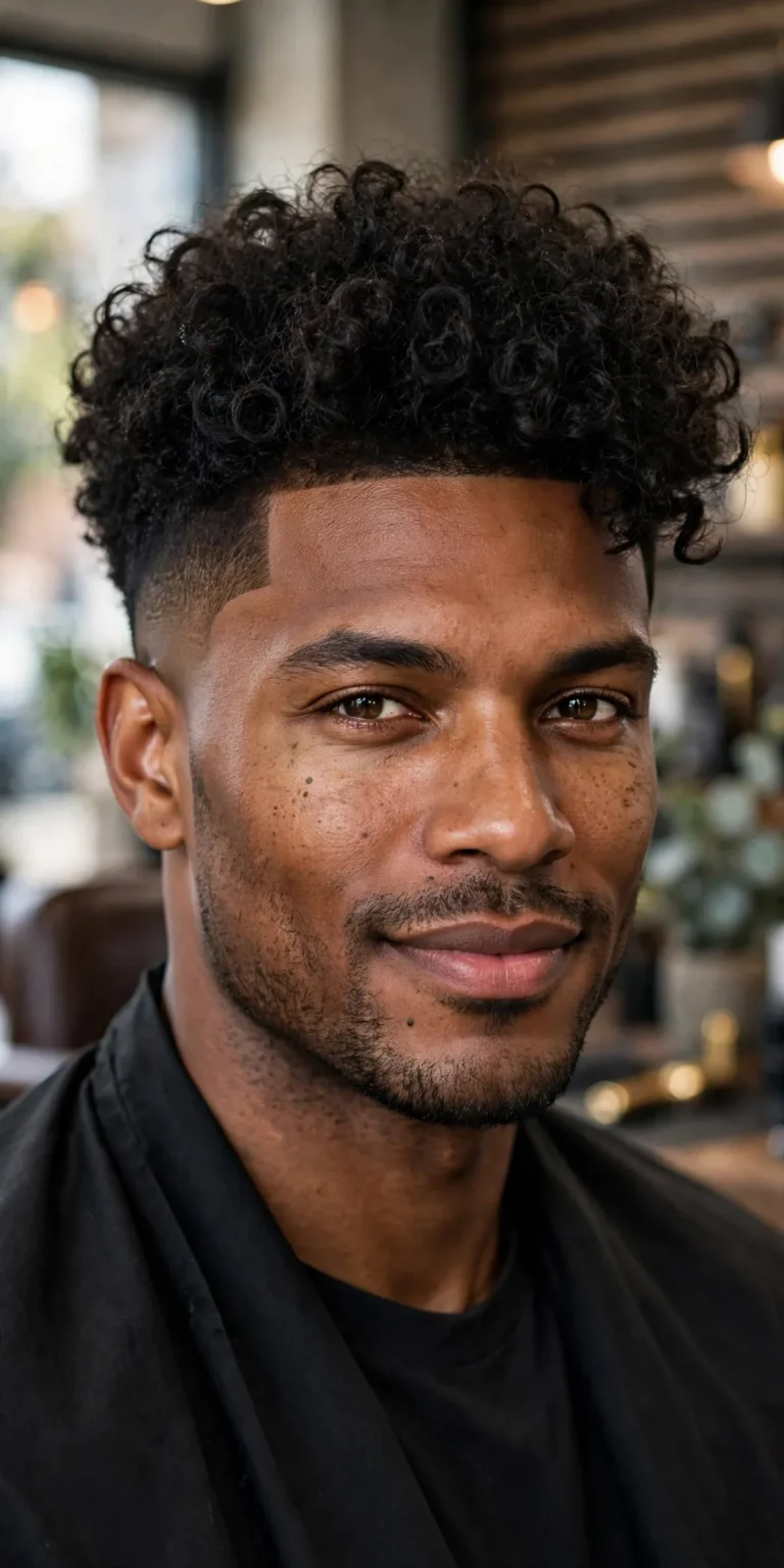 Man with a curly fade haircut showing voluminous defined curls on top and a clean mid fade on the sides in a premium barbershop