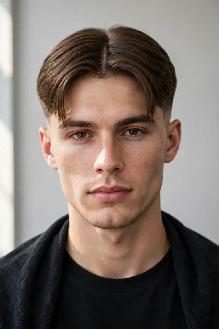 Man with a curtain haircut, long fringe parted in the middle framing his face like curtains, styled with natural texture.
