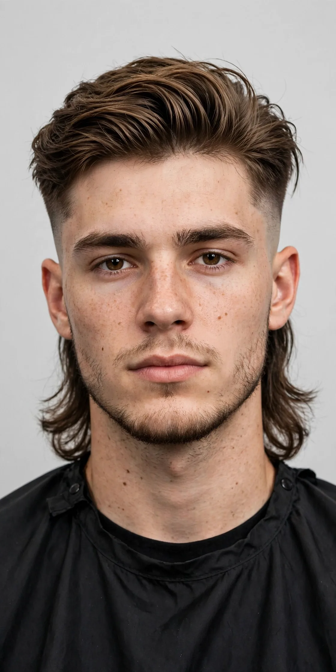 Man with a sharp fade mullet haircut — faded sides, textured top, and longer length at the back. One of the 28 best fade mullet haircuts for men.