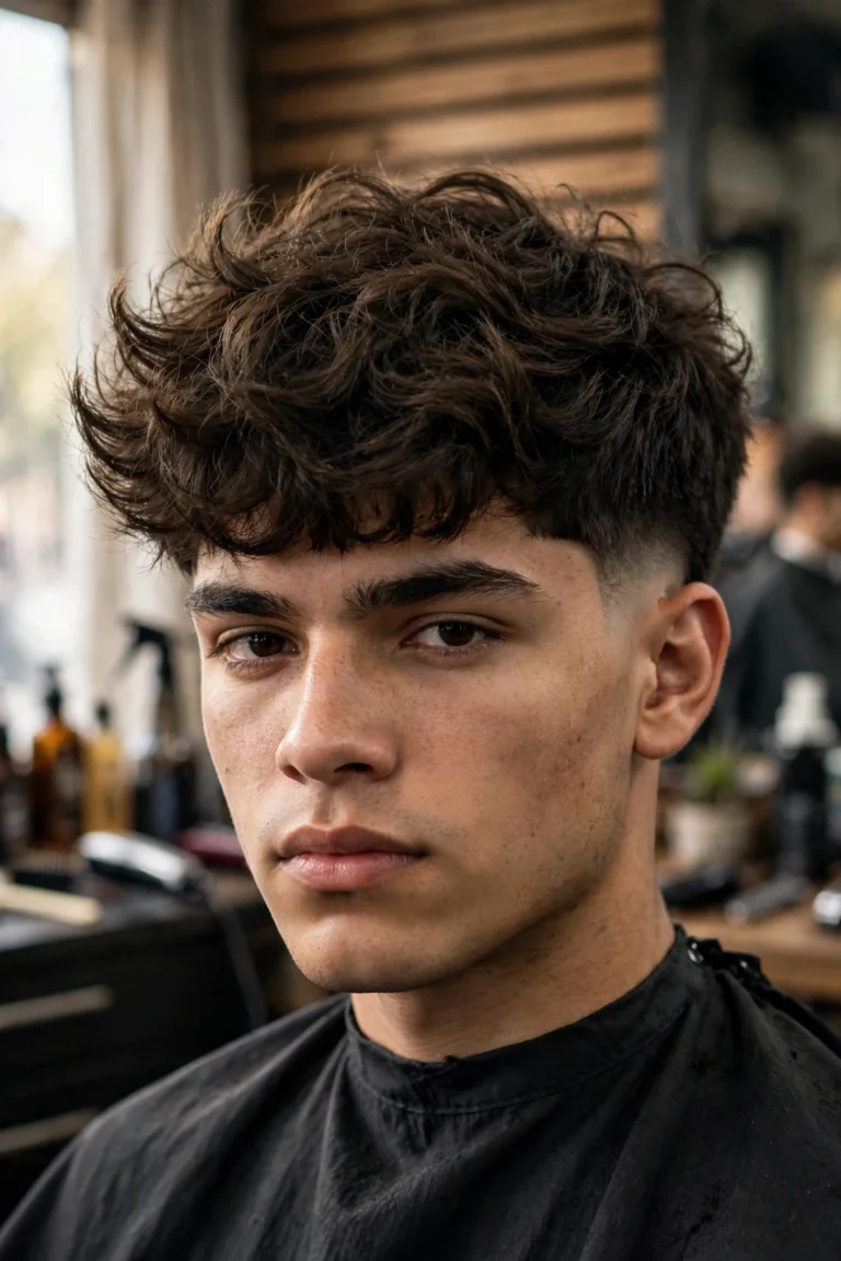 Young man with a fluffy edgar haircut: airy layered volume on top, a soft straight-across fringe, and a clean mid fade, photorealistic barbershop portrait.